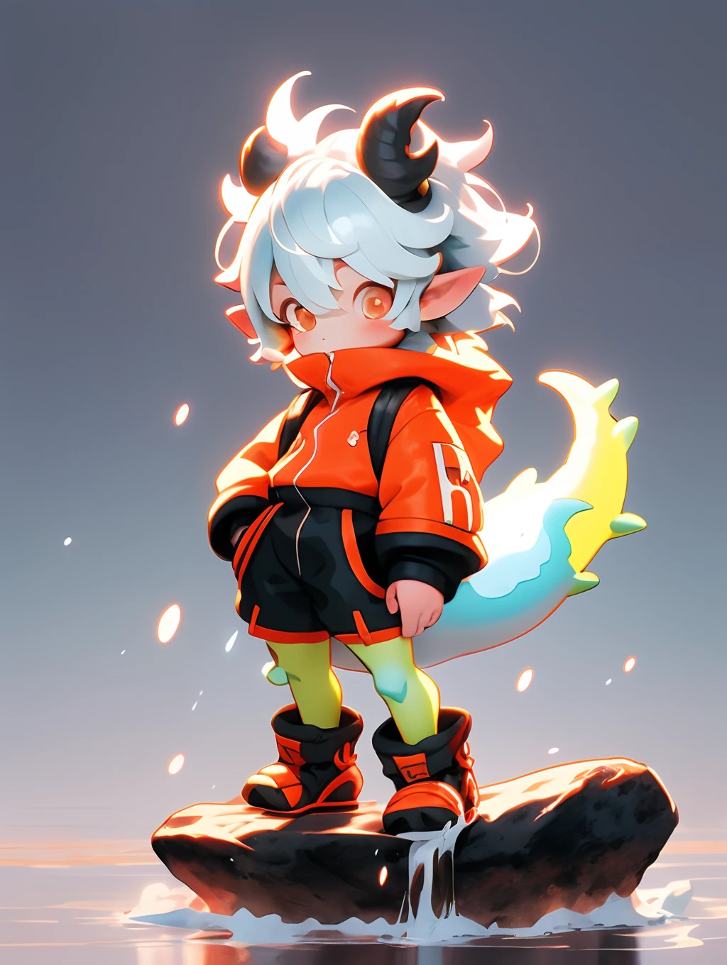 Stylistic image of a  standing on a rock by the sea, concept art by Shitao, Pisif, Furry art，trending on artstation pixiv, Guviz-style artwork, lalafell, Guviz, Guweiz on ArtStation Pixiv, young male anthro dragon，White hair，White hair，Close-up photos，Red