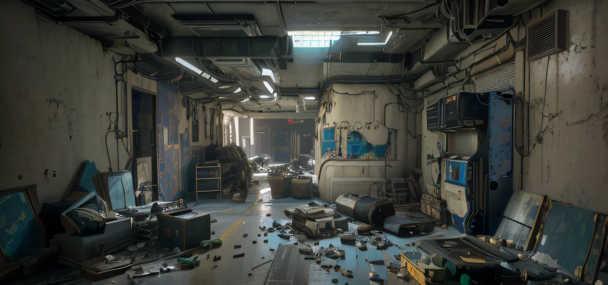 There was a room with a lot of rubbish and a lot of furniture, hyper-realistic environment, photorealistic dark concept art,. illusory engine, Arte conceptual fotorrealista, illusory engine. cinematic Film still from, by senior environment artist, Unreal Engine renders concept art, Hyper-realistic cyberpunk style, photorrealistic concept art, 4k concept art and hyper realism