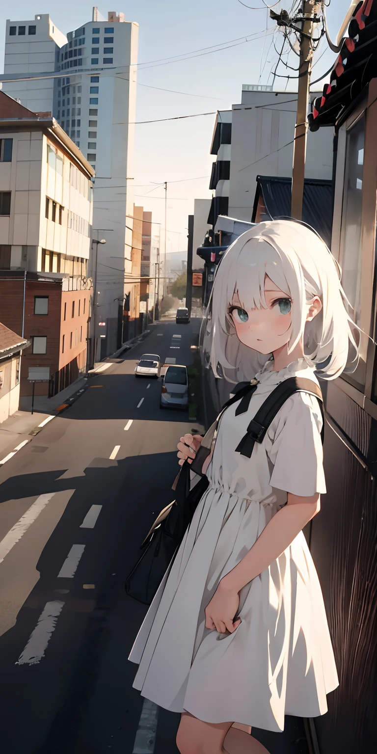 ​masterpiece,high-level image quality,knee high,1girl in,long,early evening,In the street,white  hair,White Dress,On the rooftop