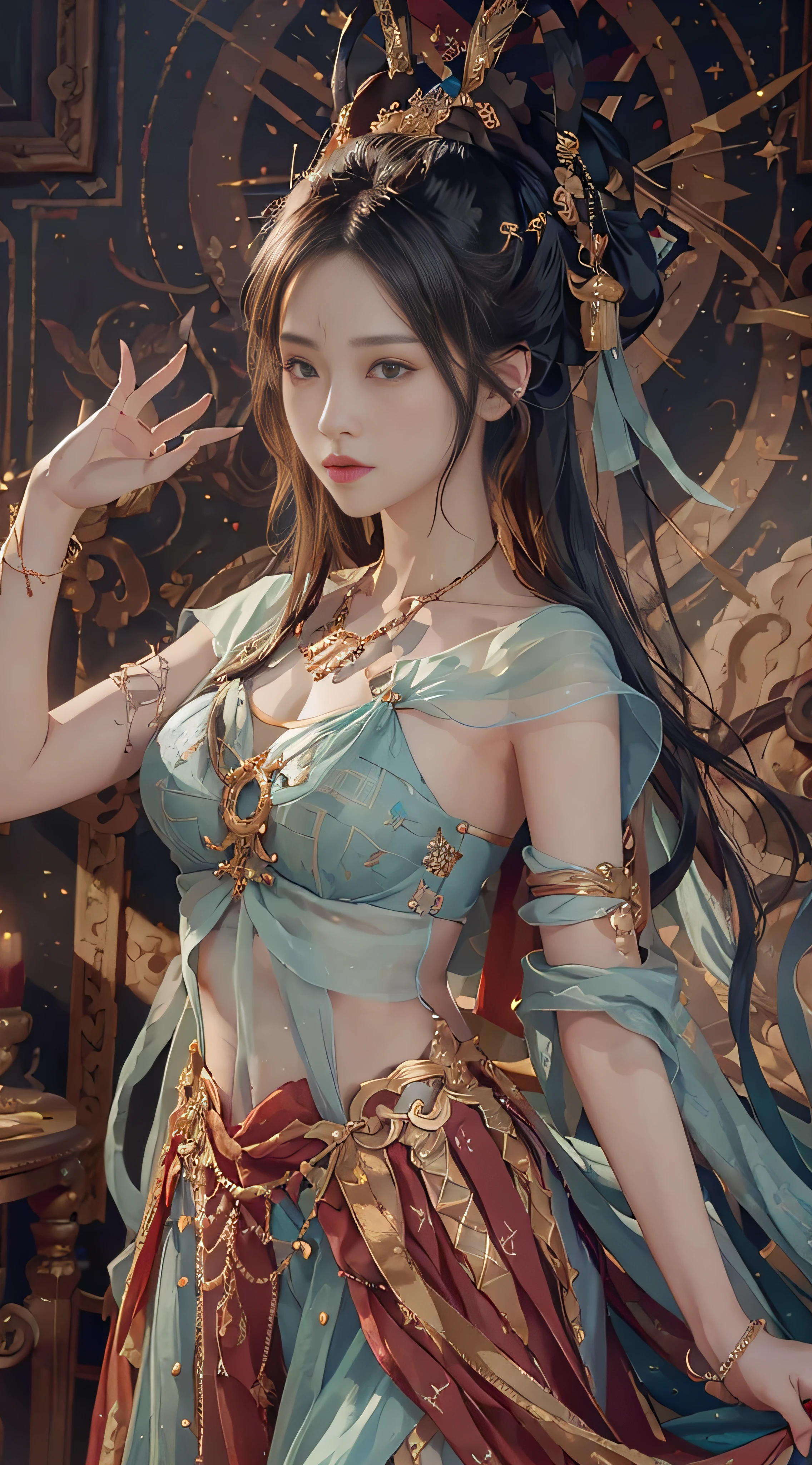 (RAW photos,best qualtiy),(realisticlying,photograph realistic:1.3),best qualtiy,highly detailed,tmasterpiece,Hyper-detailing,illustratio,1girll,(fullnude: 1.7),The upper part of the body_Body,dynamic angle,Masterpiece Theatre of the World,Messy_Long_Hair,best qualtiy,extremely detailed CG unity 8k wal,ink,astounding,cinmatic lighting,lens_flare,,dunhuang_Style