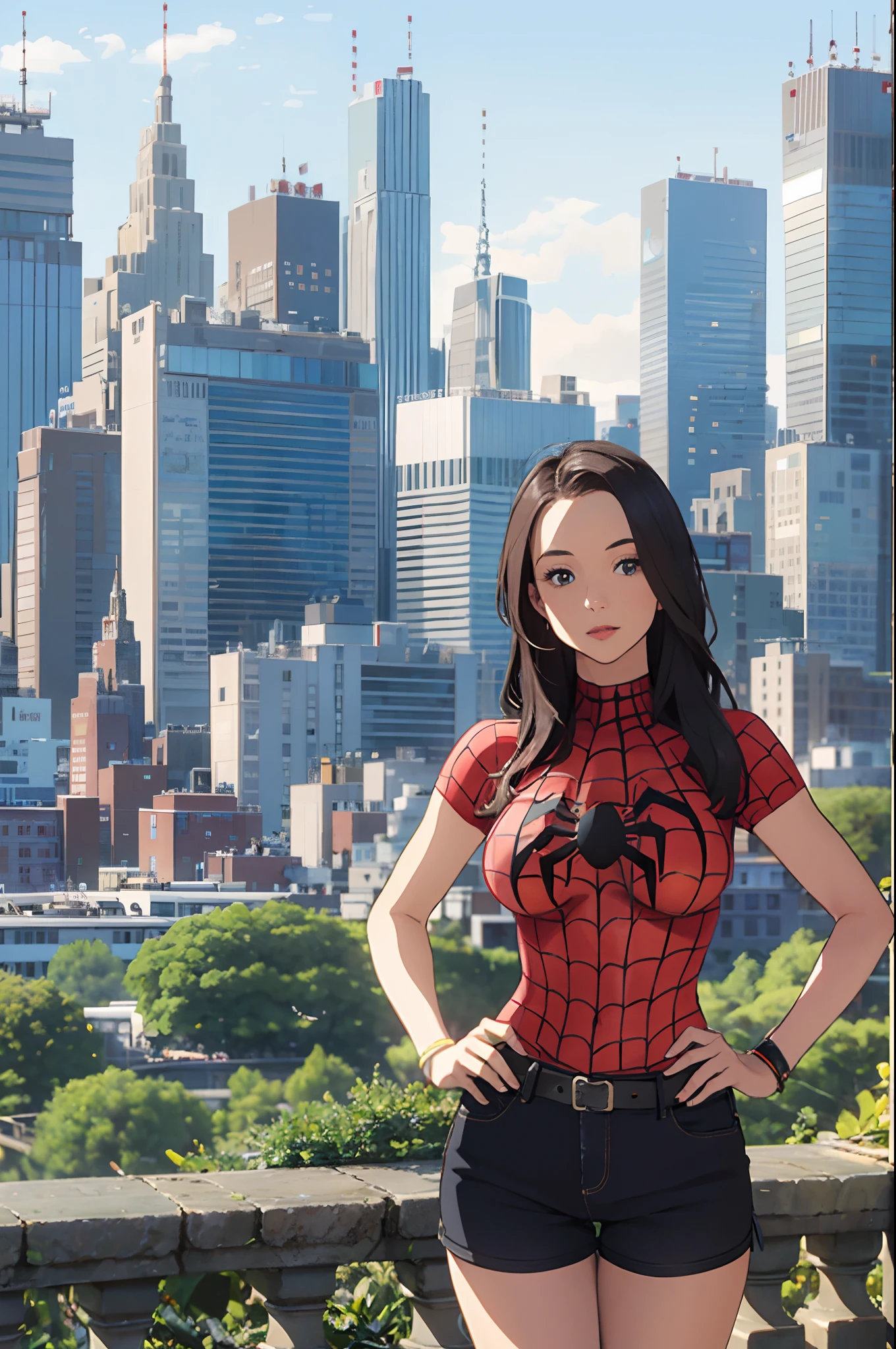 Showing city scape of a New York. a young woman with dark red. cleavage c cup. shorter shorts. short top with spider-man logo on front. standing on public garden, crowded people on garden. Complex background. perfect pose. perfect body. perfect head. perfect arms perfect legs. perfect fingers. Ultra-Realistic. Ultra-Detailed. Ultra-Sharp Hi-Res. 8K. --auto --s2