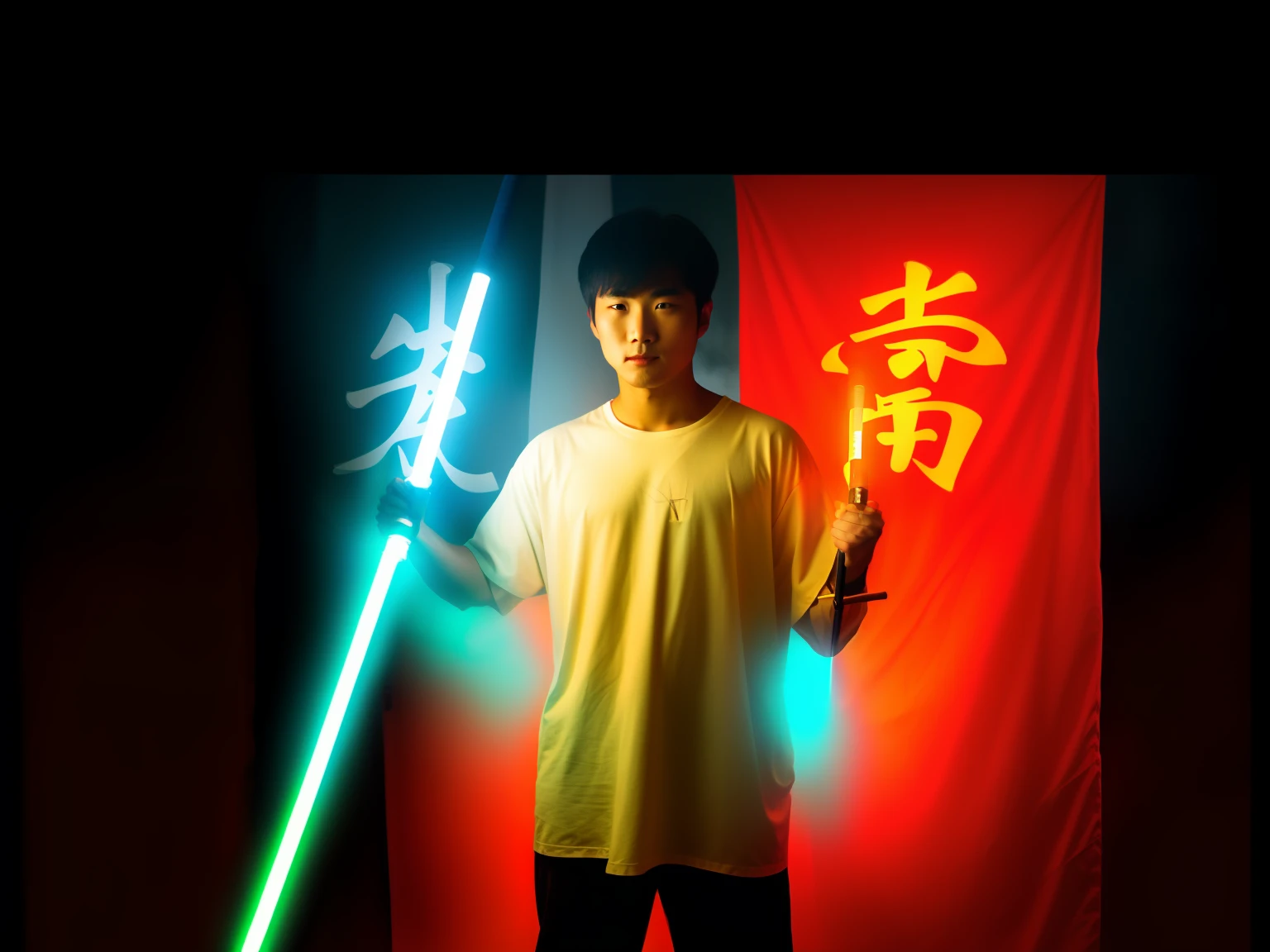 Alphad man with lightsaber，holding an activated lightsaber，Chinese characters are written on the sword。