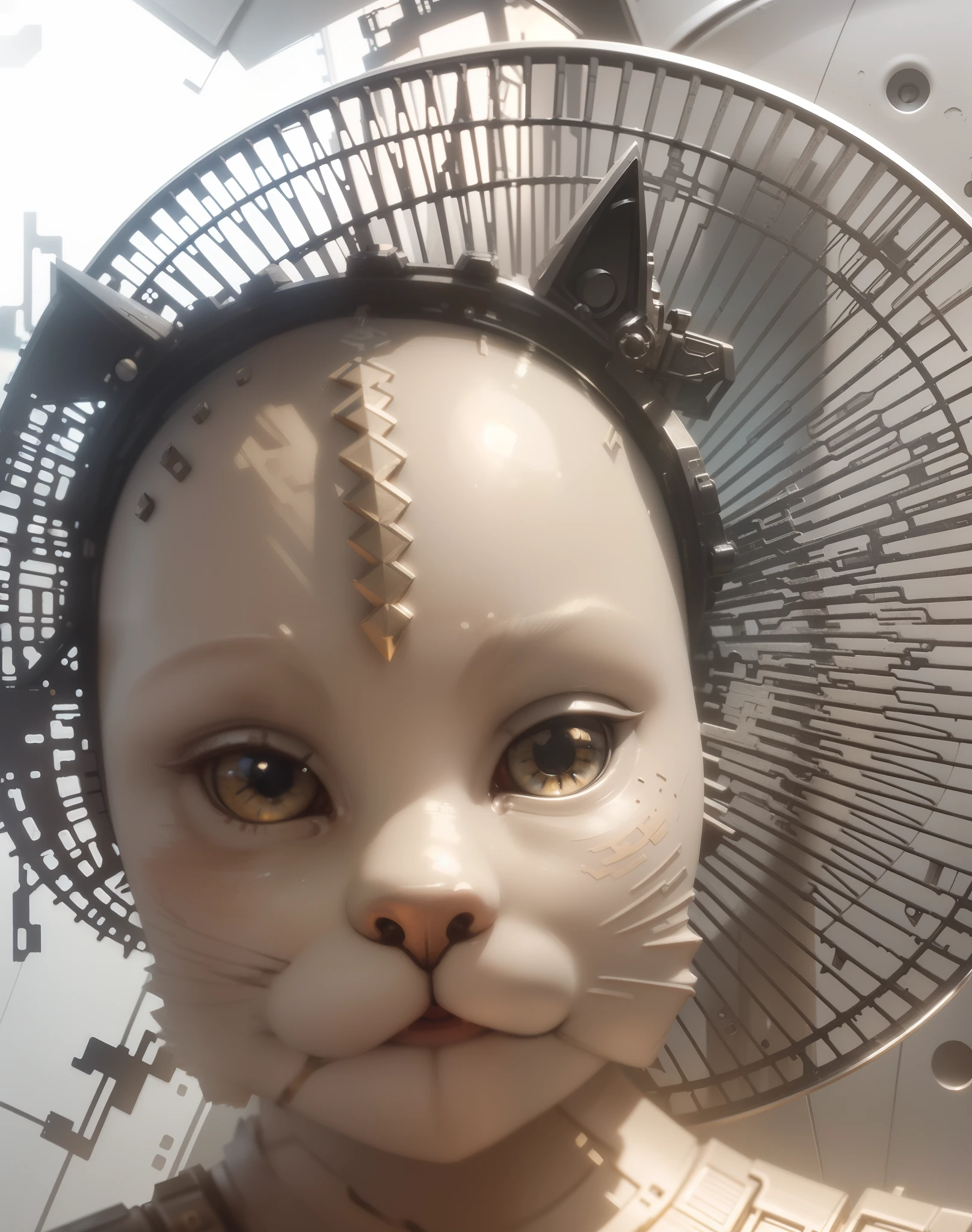 ((Best quality)), ((masterpiece)), (detailed: 1.4), 3D, a cute kitten made of metal, cyborg, cyberpunk style, (((intricate details)), hdr, (((intricate details, hyperdetailed)), cinematic shot, vignette