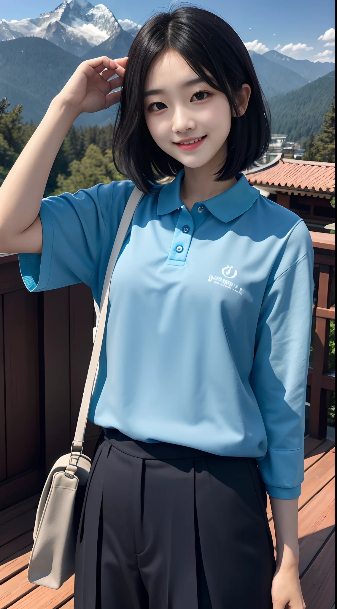 tmasterpiece、top-quality、真实感,Three-dimensional feeling,physically-based renderingt,A high resolution,A female high school student,Medium height,with a good figure,Short black shoulder-length hair、Manteau,Chinese school uniform,Long slacks,Carrying a school bag,Polo shirt,longer sleeves、Not exposed,ssmile,Toothy,on the rooftop,mountain ranges,Background forest,Deep in the mountains,blue-sky,dynamicposes,Well laid out,with whole body visible,Front Shooting,SLR shooting