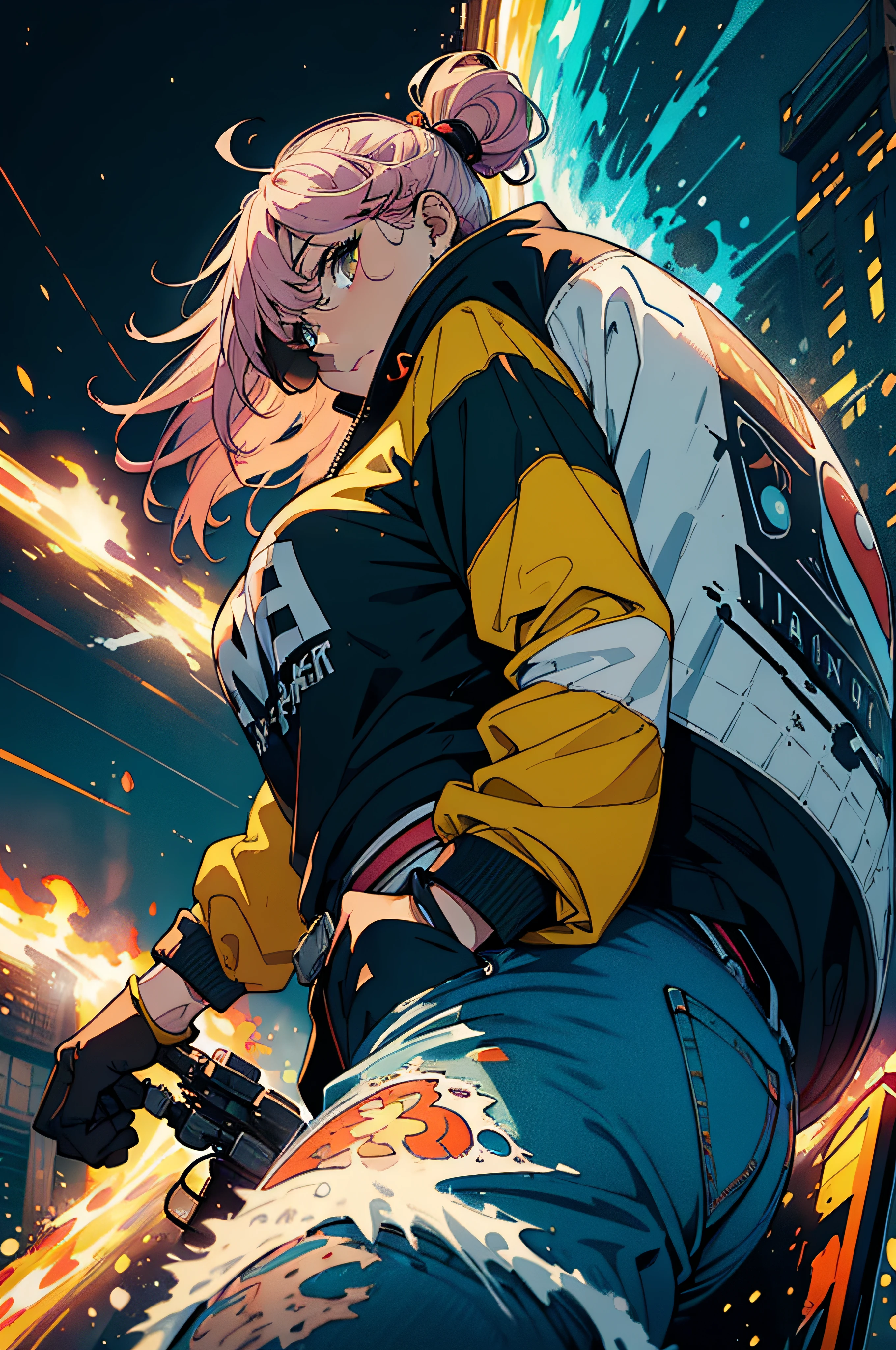 (masterpiece:1.3), (the best quality:1.2), (super fine illustrations:1.2), (Masterpiece), high quality, high detail, ((unparalleled mastery, best quality, perfect artwork)），hight contrast，solidcolor, splashing color, Color mix-and-match, Painted explosion pattern, explosion background, Broken stained glass, The city in summer, very heavy rain, Water cubes, The city at noon,Mid-range vision， big bang, in the afternoon, 1female, 30 age old, long whitr hair, Mid-chest size，with pink hair，Brown eyes，Always look ahead，Wear gloves，helmet on，racer，the motorcycle，riding motorcycles，riding motorcycles，Wagas，Riding，jogging，Full mask，Defensive play，400cc，[（Light green and orange background:1.1::5], [(game character portrait:1.2):5], stumble, from side, hoodie, jeans, colorful color here and there, Colorful paint explosion pattern, Strange sky, (illustration:1.2) ，Very wide lens，（line drawn：1.2），{{Only five fingers}}
