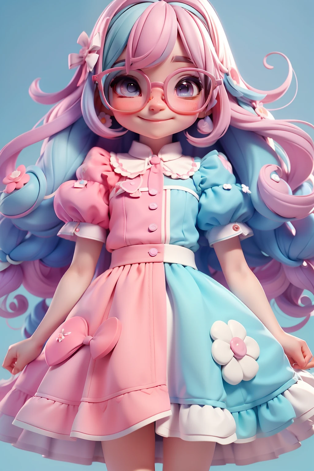 Loli Alice in the wonderland, menina meiga, Eyeglasses, olhos castanhos delicados, tom colorido pastel, cabelo e roupa multicolorido, sorriso delicado, fundo simples e branco