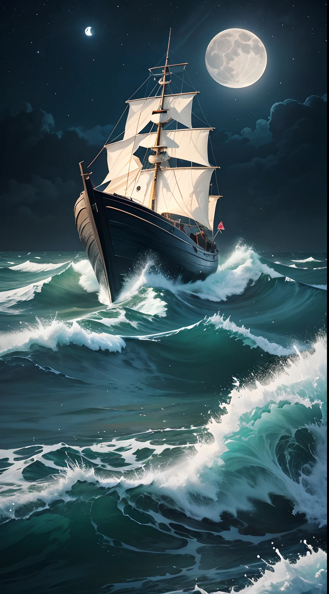 The sea is rough,A small boat rides the waves at sea,There is a bright moon in the sky