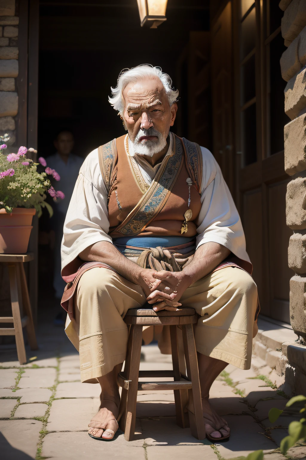 A senior man, emanating wisdom and humility, meets the camera's gaze with a steady and resilient look. His eyes, weathered by time, hold the stories of a lifetime. He is seated on a simple wooden stool in an open courtyard surrounded by ancient stone walls. The courtyard is adorned with potted plants and vibrant flowers, contrasting against the aged stone. A soft, golden light bathes the scene, casting long, gentle shadows. The distant sounds of a bustling market drift in on the breeze, adding a touch of liveliness to the serene moment. The ambiance carries a sense of time-honored traditions and a connection to the past. noise, extra, foto real, PSD, lamp film photography, foco nítido, contrast lighting, pele detalhada, high res 8k, detalhe maluco, realista, fotografia profissional, 8k UHD, SLR camera, soft-lighting, alta qualidade, grain of film, Fujifilm XT3