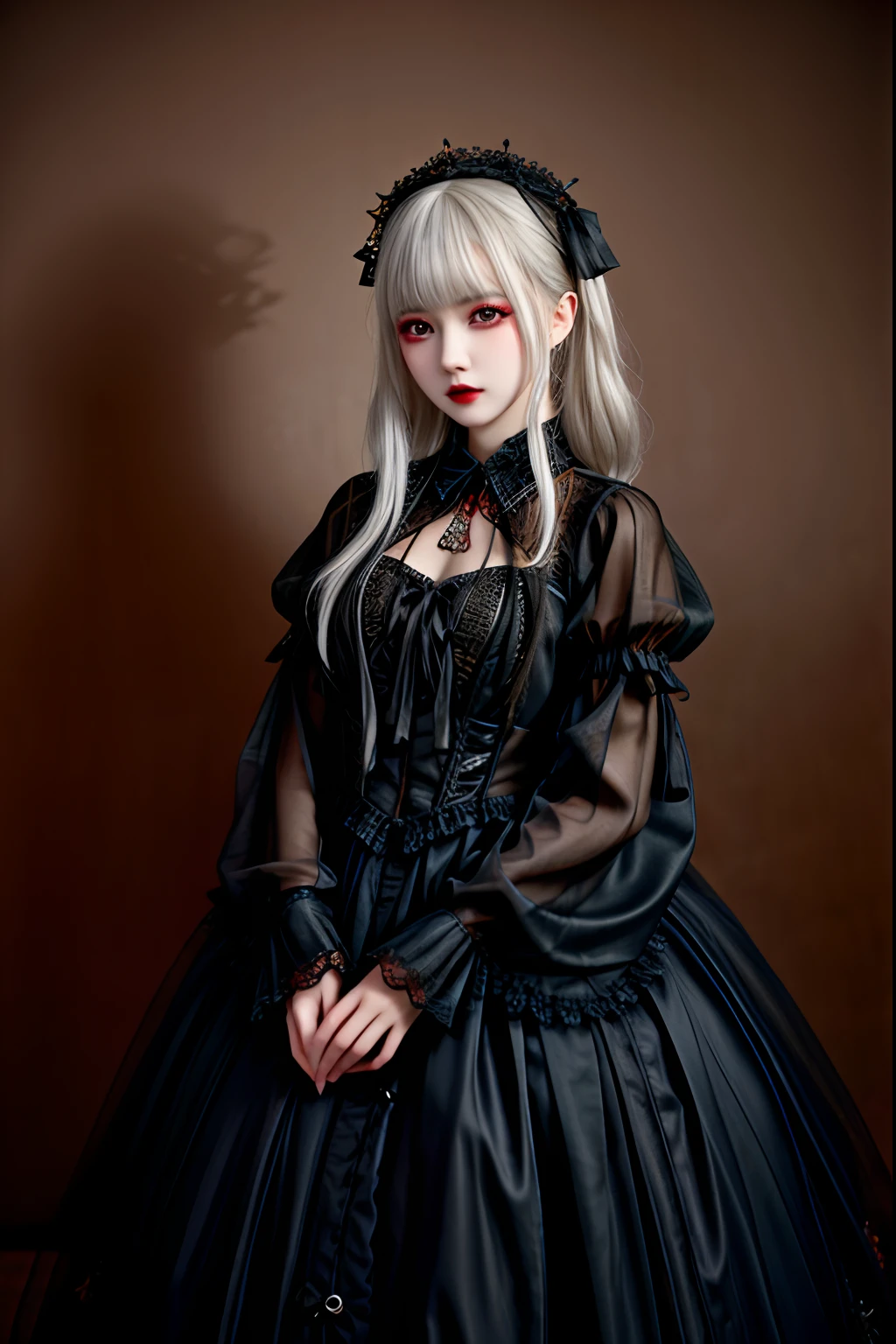 Masterpiece, absurdres,HDR ,highly detailed eyes and face,GothGal, a woman dressed in gothic ballgown holding,runny makeup, see through clothing, lace, embroidery , woman wearing a GothGal outfit, pale white skin, wearing a ballgown