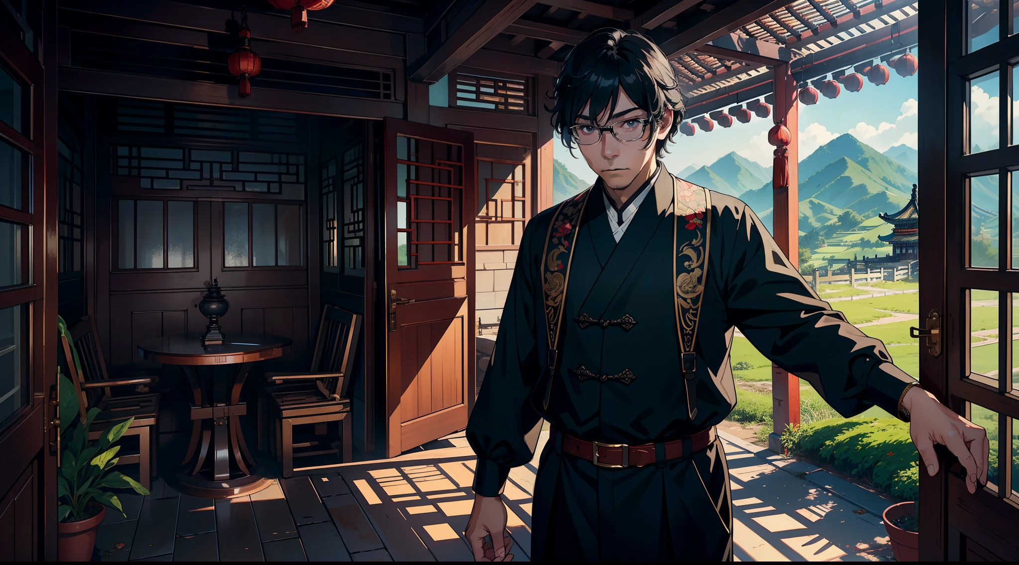 ((tmasterpiece,best qualtiy)),illustratio,Ultra-detailed 8K,Photorealsitic,Clear focus,A highly detailed,Professional lighting,Colorful detailed,(Rural China,A middle-aged uncle,Wear clothes full of patches,Black colored eyes,Black color hair),are standing