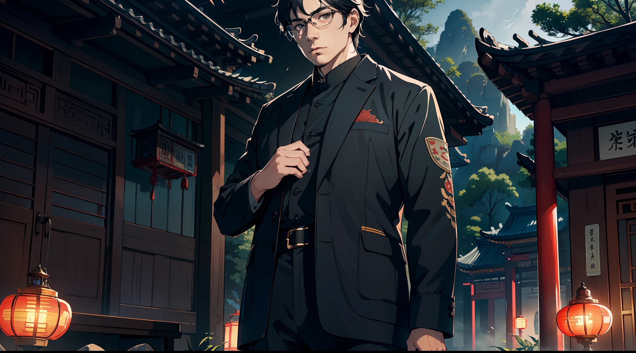 ((tmasterpiece,best qualtiy)),illustratio,Ultra-detailed 8K,Photorealsitic,Clear focus,A highly detailed,Professional lighting,Colorful detailed,(Rural China,A middle-aged uncle,Wear clothes full of patches,Black colored eyes,Black color hair),are standing