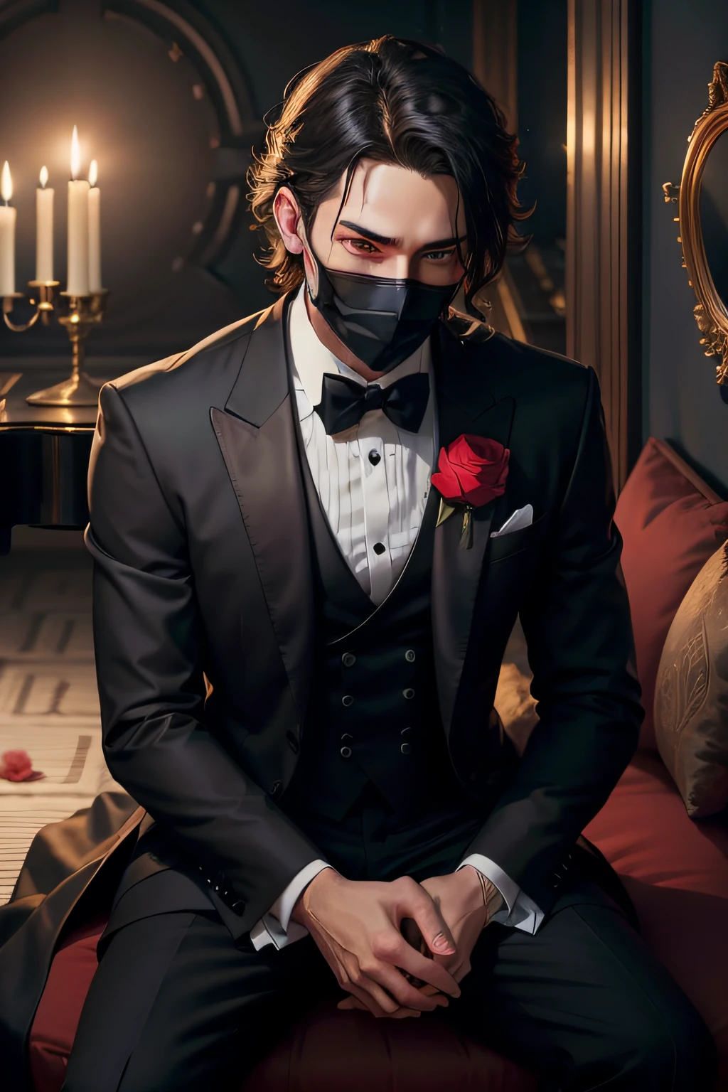 seated man playing piano with black tuxedo on his mouth and black mask covering his face and red rose in his left pocket room with candlelight