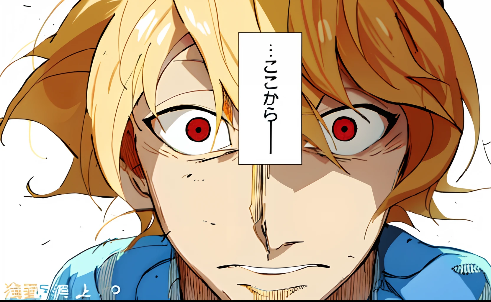 a anime of a man with blonde hair, shocked, red eyes, white shirt, focus, daydream, jacket, text manga, color manga, manga color, color manga, color manga panel, simple background