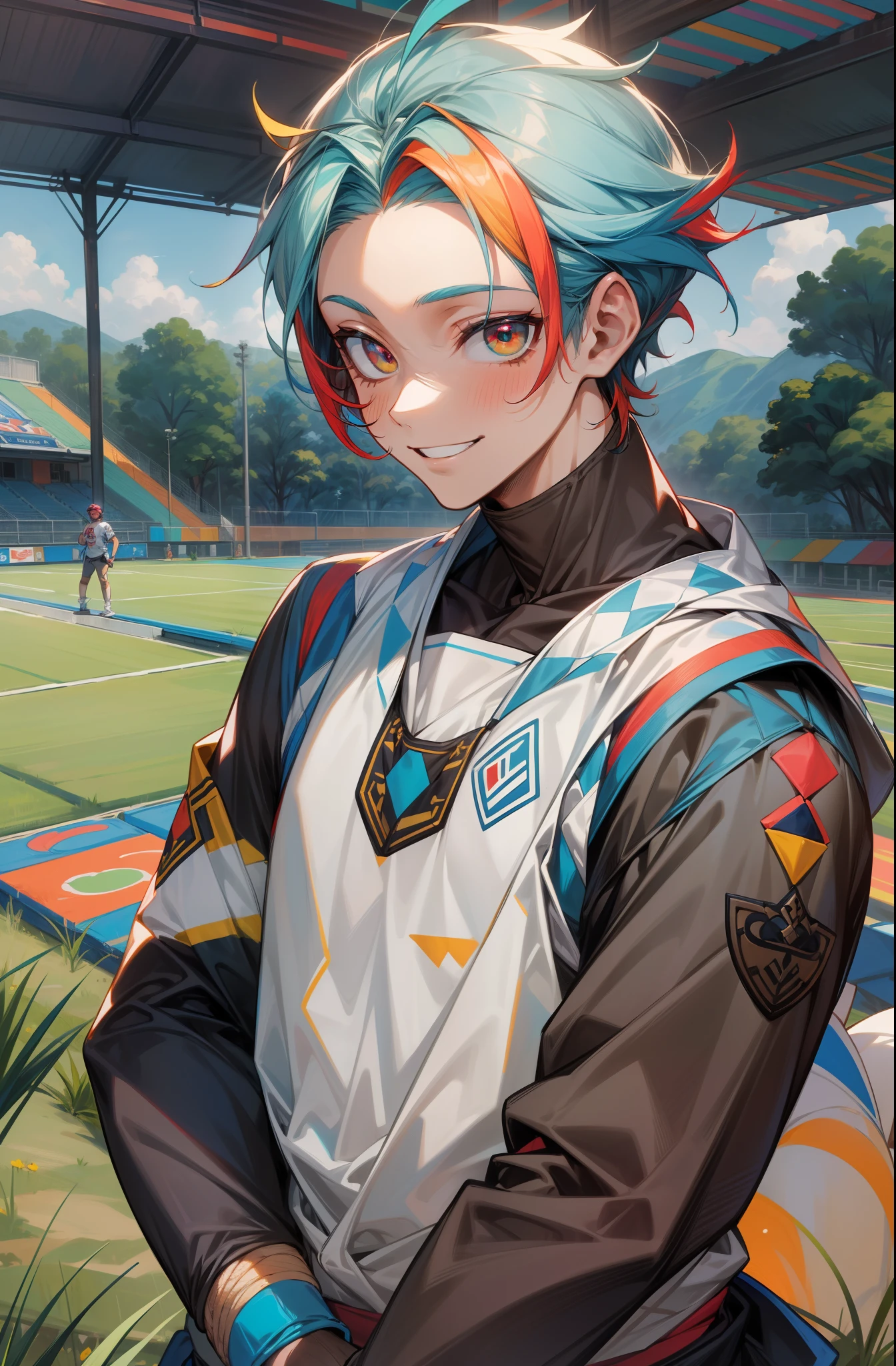 0:,(obra-prima, melhor qualidade: 1.2), tiro de cowboy, solo, foco masculino, 1boy, bachira meguru, sorriso, olhando para o espectador, roupas esportivas, campo de futebol,diamond, multicolored hair, multicolored eyes