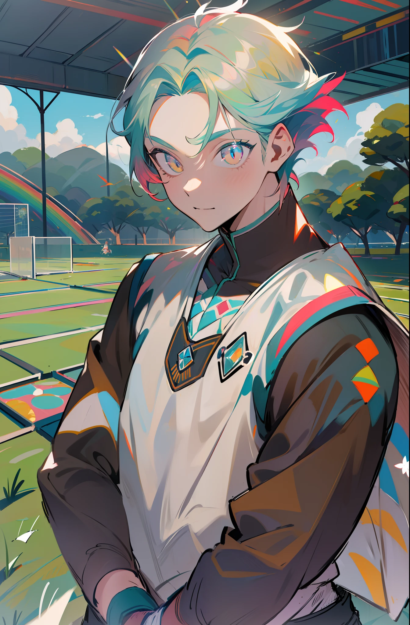 (obra-prima, melhor qualidade: 1.2), tiro de cowboy, solo, foco masculino, 1boy, bachira meguru, sorriso, olhando para o espectador, roupas esportivas, campo de futebol,diamond, multicolored hair, multicolored eyes