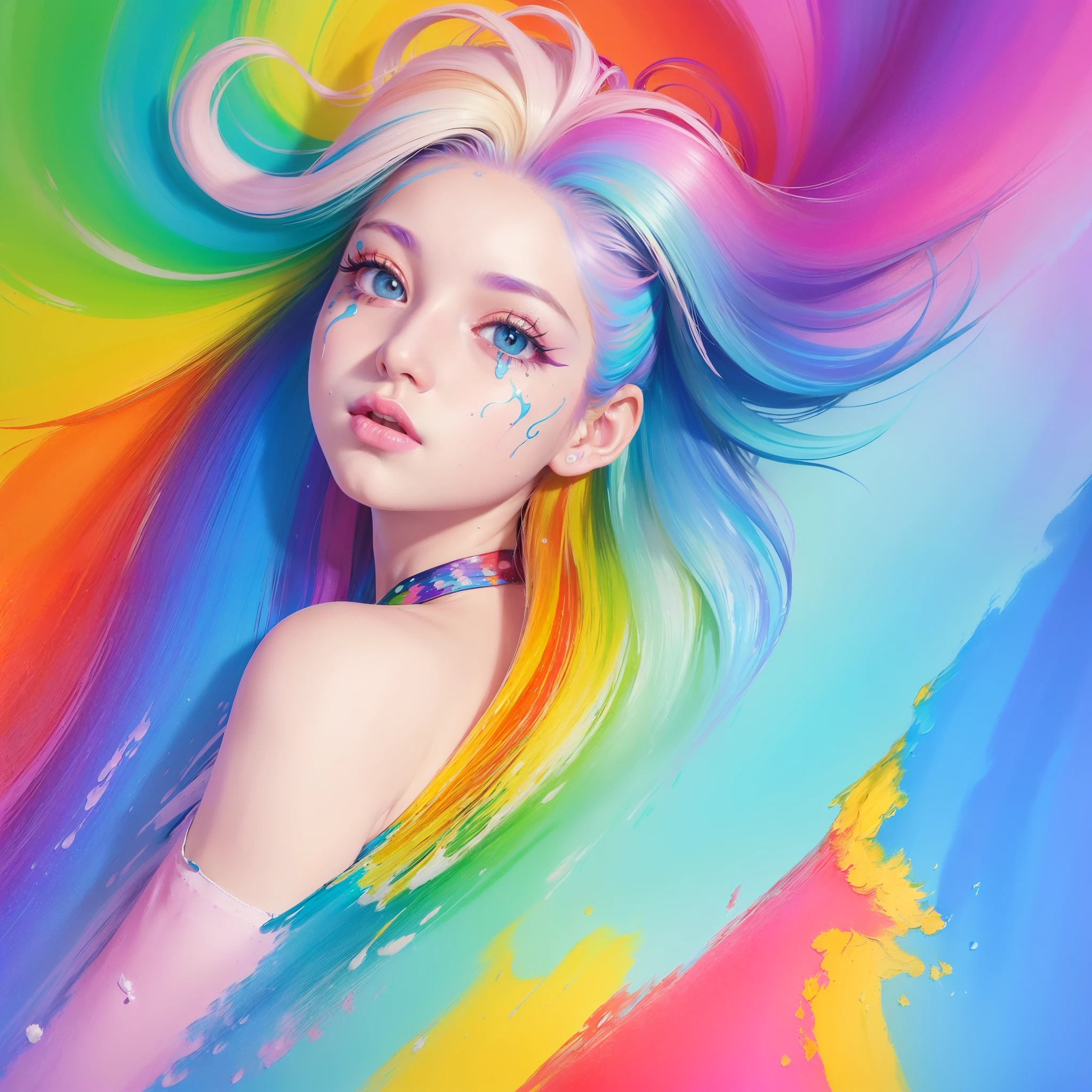 (Pink Fashion T-shirt:1.9),(Colorful hair: 1.8), (all the colours of the rainbow: 1.8),(((((vertical painting:1.6))), (painting:1.6),front, comics, illustrations, paintings, large eyes, crystal clear eyes,( rainbow color gradient high ponytail:1.7), exquisite makeup, closed mouth,(Small Fresh: 1.5),(Wipe Chest: 1.6) ,long eyelashes, white off shoulder T-shirt, White Shoulder Shirt,looking at the audience, large watery eyes, (rainbow colored hair:1.6), color splash, (solo:1.8), color splash, color explosion, thick paint style, messy lines, ((shining)),(colorful), (colorful), (colorful), colorful, Thick Paint Style, (Splash) (Color Splash), Vertical Painting, Upper Body, Paint Splash, Acrylic Pigment, Gradient, Paint, Highest Image Quality, Highest Quality, Masterpiece, Solo, Depth of Field, Face Paint, colorful clothes, (Elegant: 1.2), gorgeous,long hair, wind, (Elegant: 1.3), (Petals: 1.4),(((masterpiece))),(((best quality))),((ultra-detailed)),(illustration),(dynamic angle),((floating)),(paint),((disheveled hair)),(solo),(1girl) , (((detailed anima face))),((beautiful detailed face)),collar,bare shoulders,white hair, ((colorful hair)),((streaked hair)),beautiful detailed eyes,(Gradient color eyes),(((colorful eyes))),(((colorful background))),(((high saturation))),(((surrounded by colorful splashes))),