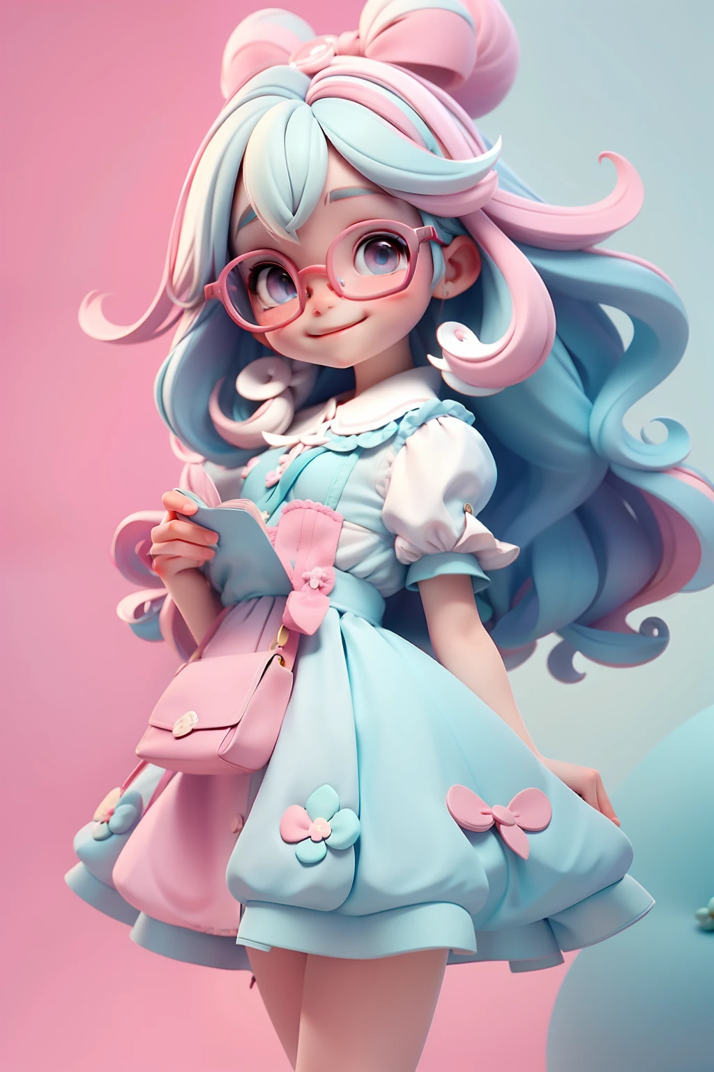 Loli Alice in the wonderland, menina meiga, Eyeglasses, segurando livros, coelho branco fofo, olhos castanhos delicados, tom colorido pastel, cabelo e roupa multicolorido, sorriso delicado, fundo simples e branco