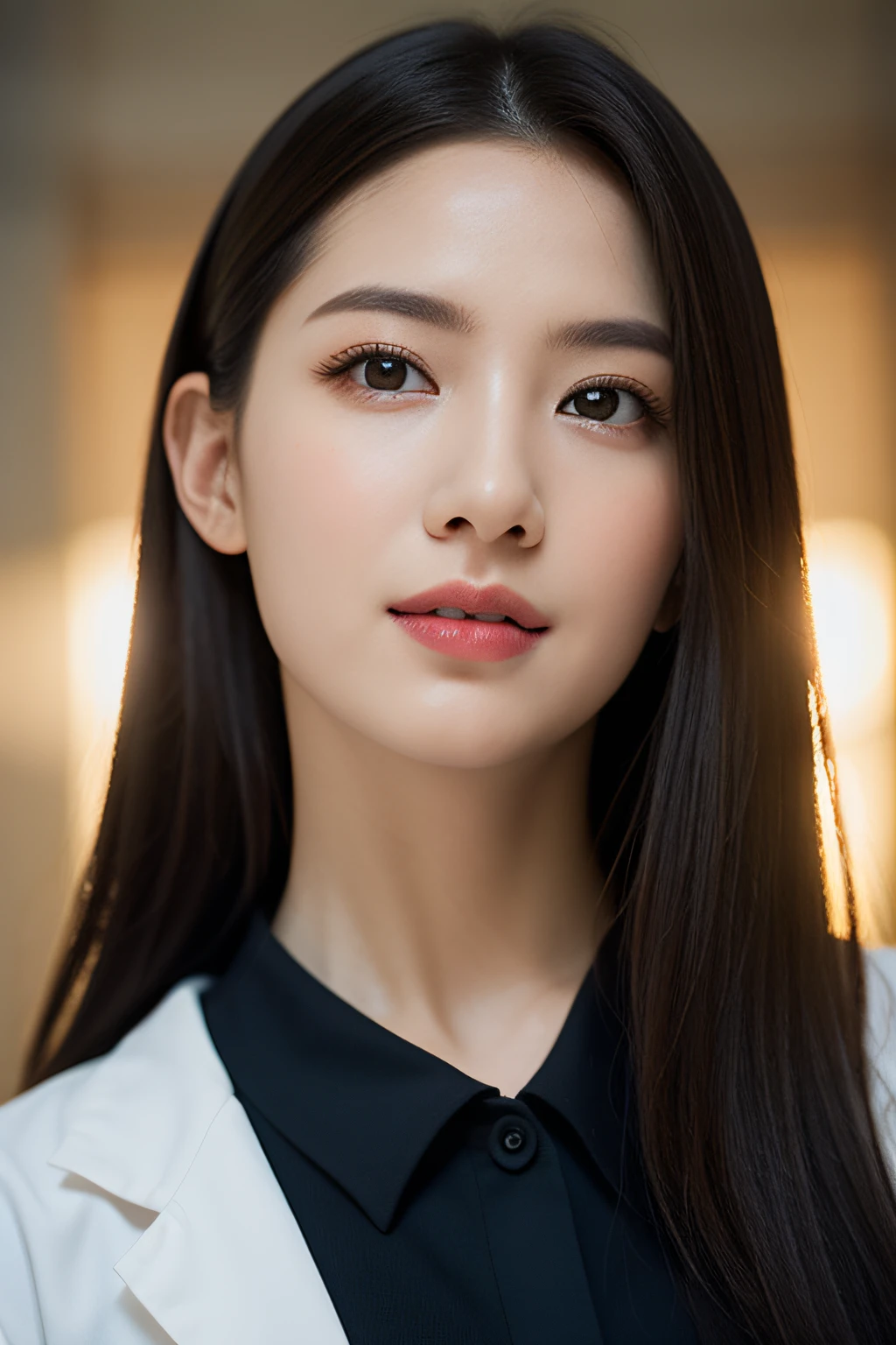 long Brond Hair、Bright brown eyes、infp young woman、physician、cute little、Innocence、Photorealsitic、lensflare、looking at the viewers、shinny skin、校服、intricate-detail、masterpiece、top-quality、cinematric light、hight resolution、A detailed eye、detailed facial features