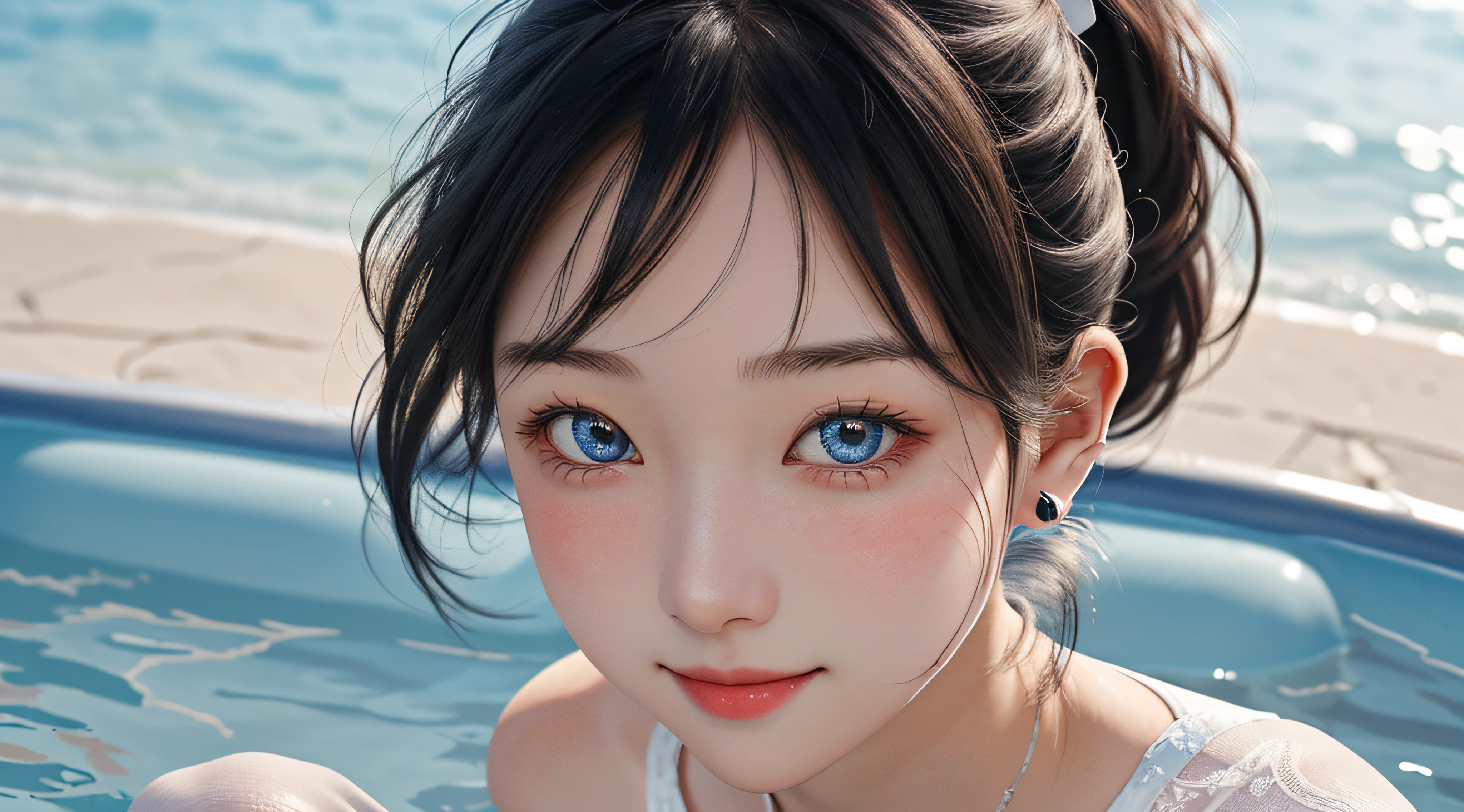 In a water park in spring，A beautiful girl in a penetrating outfit，Stand barefoot in the sun。She has big watery eyes，The heterochromic pupils made her eyes more charming。She had a teasing smile on her mischievous face，The middle hair is slanted upwards and the bangs are split into a ponytail，Behind your ears，A delicate head flower is worn on the head。She wears a pendant，Sheer tights show off her perfect curves。She sat cross-legged，looking in a mirror，It shows her delicate facial features and perfect face。Her skin glows，It's as if it's a masterpiece，The picture quality is higher，Ultra-high-resolution 8K quality。This is a realistic portrait，Show the cute and moving side of the girl，People are captivated by it。