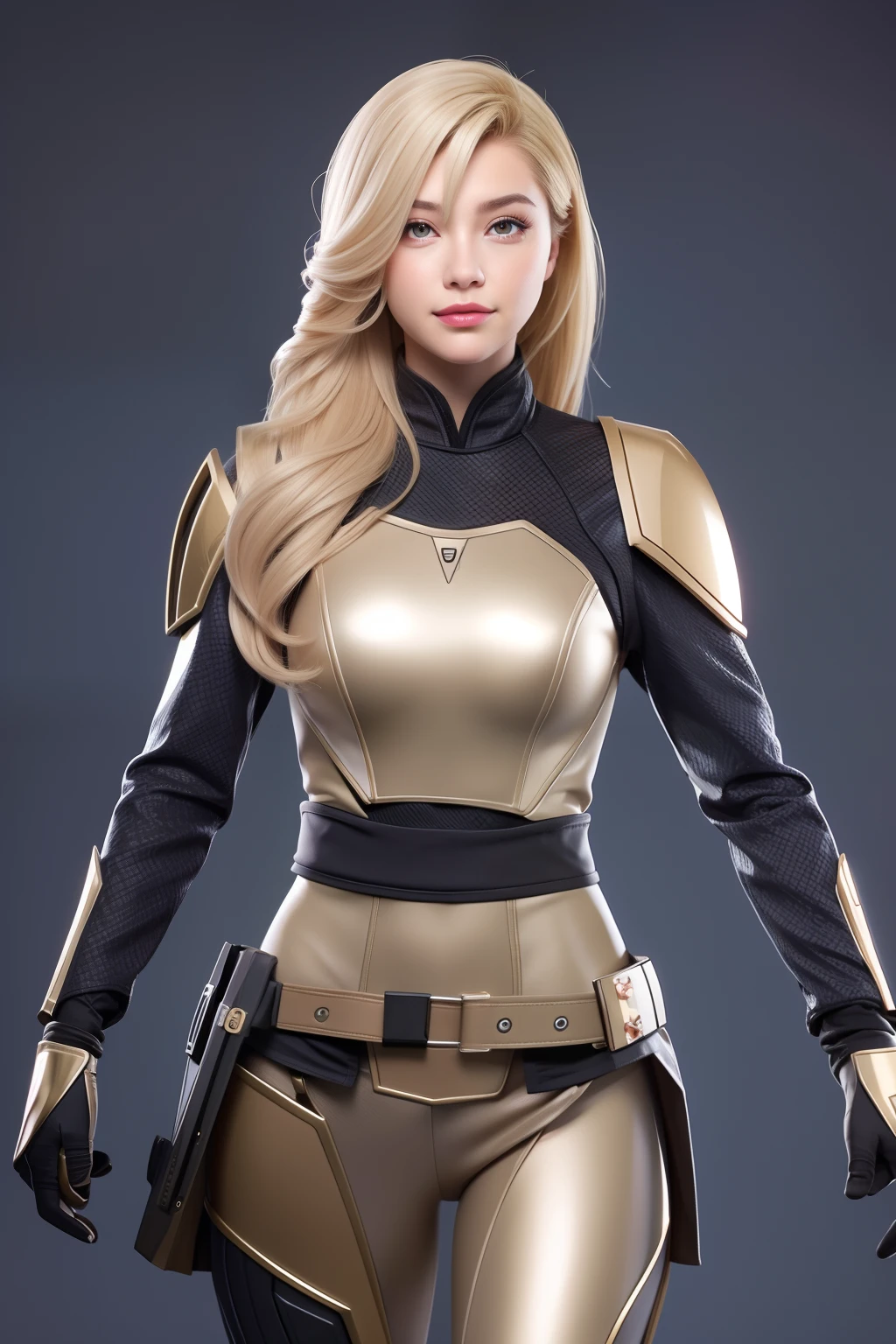 Beautiful Face Woman、a blond、See-through camouflage pattern background、 Beautuful Women、18year old、prety woman、hyper realistic photography、High-definition photos、red lipsticks、Mandalorian style miniskirt suit in metal armor、The skin is not very exposed、Do not cut your head off the screen、Camouflage skirt、Facing the front、