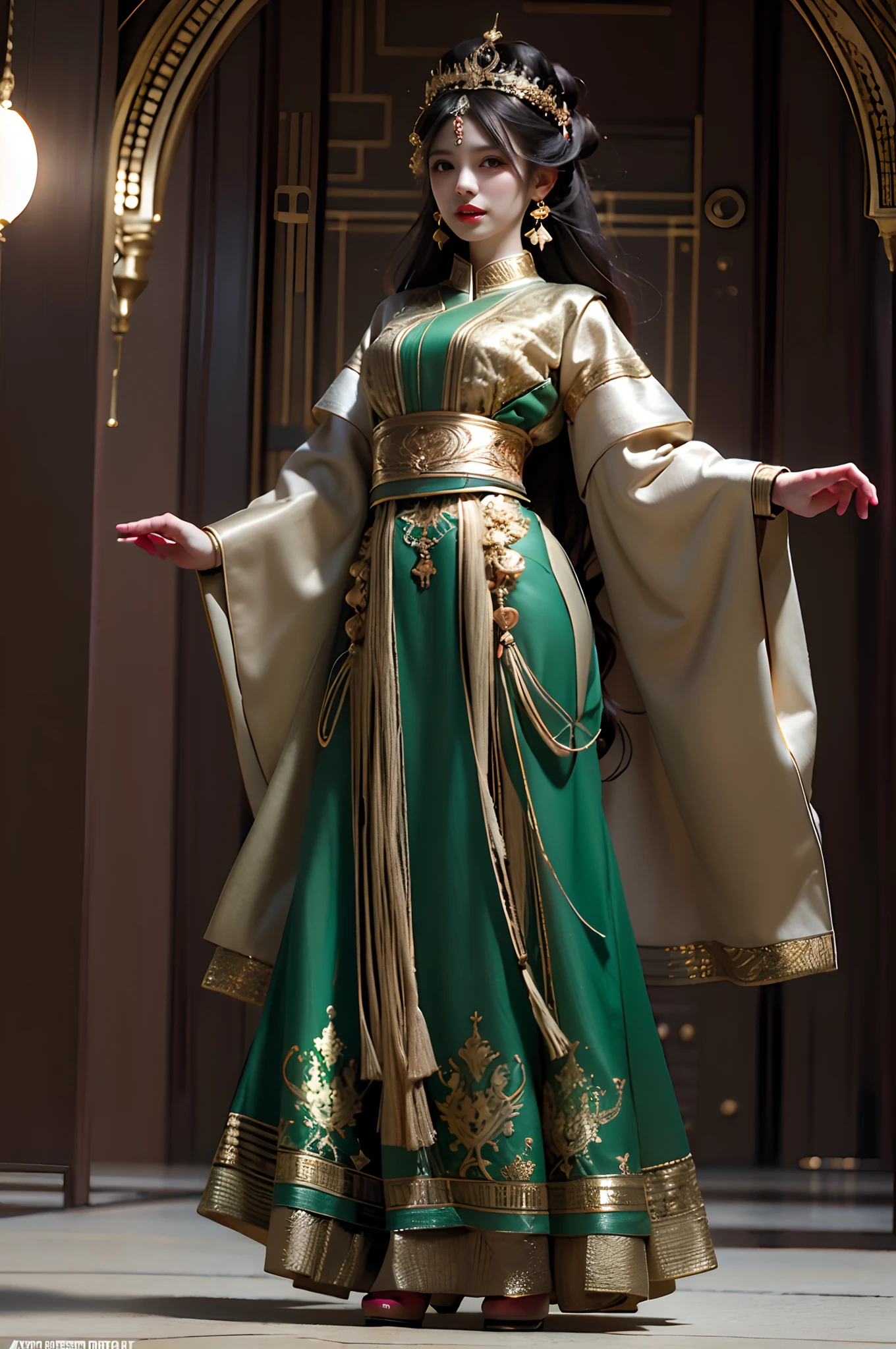 Moroccan caftan princess woman full body outfit red and green convers full body super detailed hyper realistic