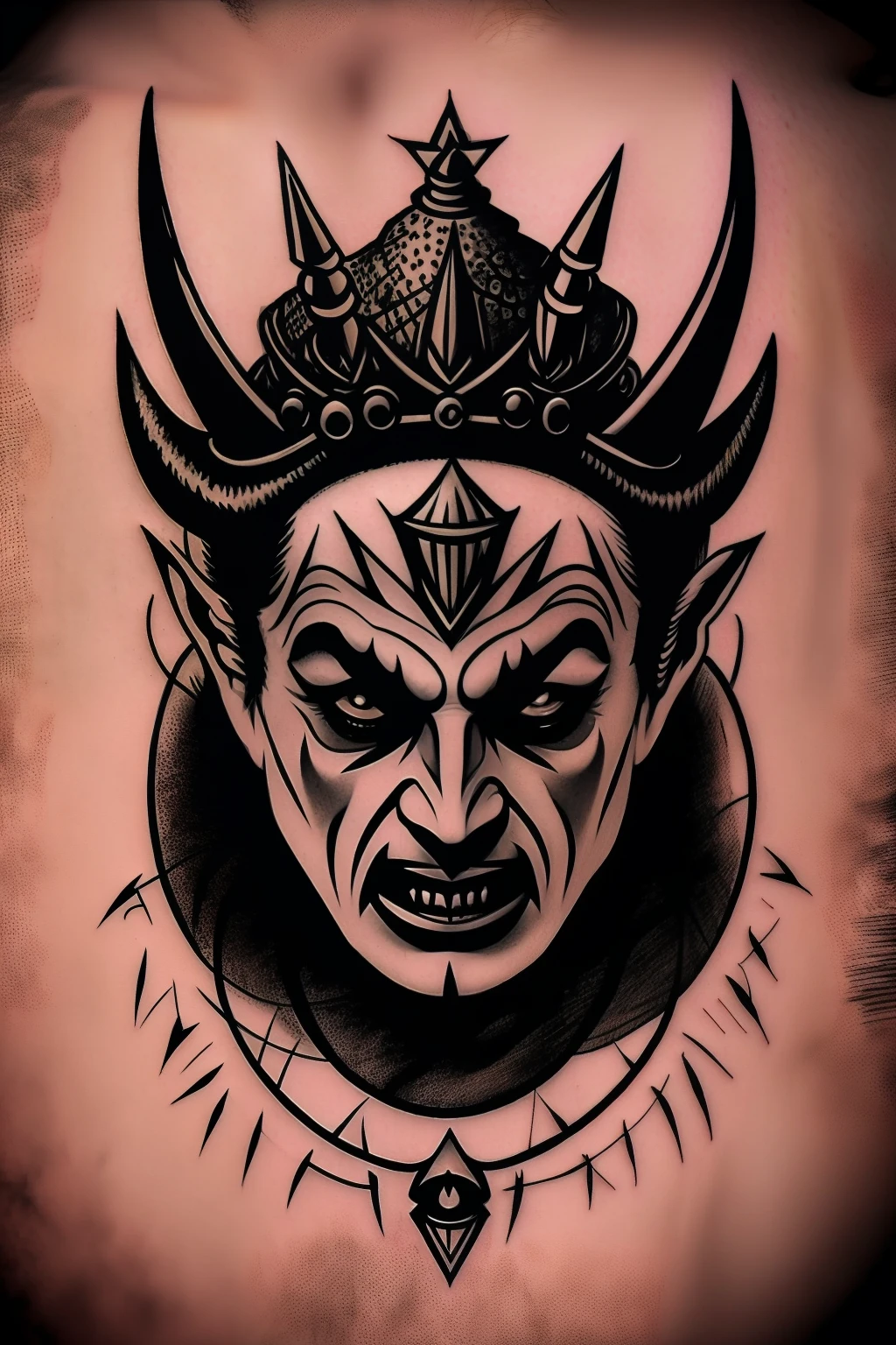 A fly with a crown on its head Top view Evil with devil's horns Oldschool tattoo style