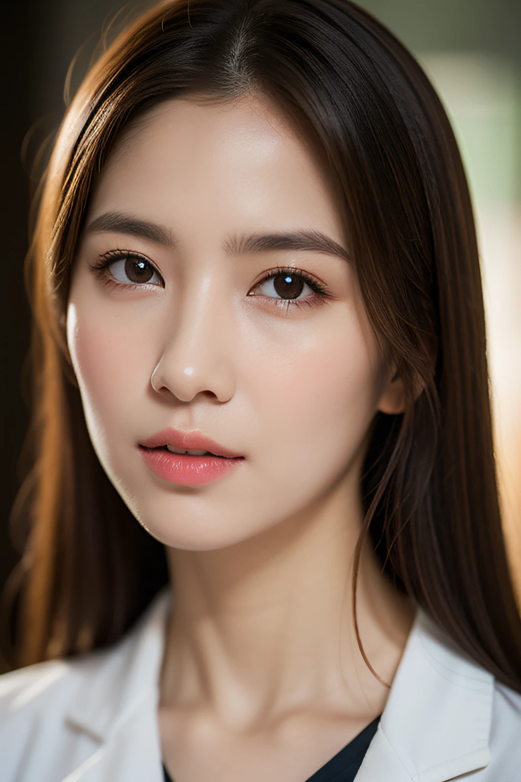 long Brond Hair、Bright brown eyes、infp young woman、physician、cute little、Innocence、Photorealsitic、lensflare、looking at the viewers、shinny skin、校服、intricate-detail、masterpiece、top-quality、cinematric light、hight resolution、A detailed eye、detailed facial features