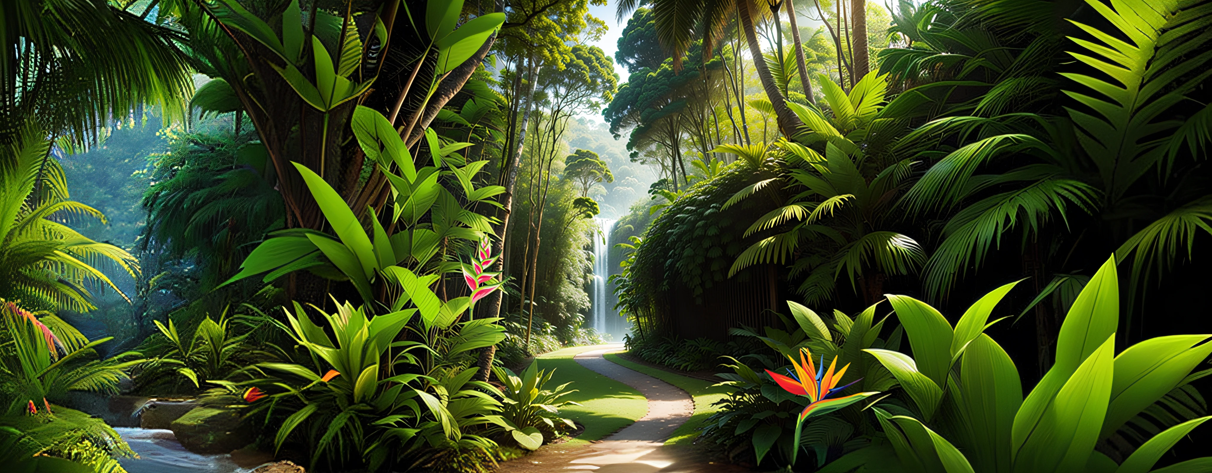 Flowers, tropical flowers, there is a path through a jungle with a waterfall in the distance, beautiful jungle, jungle landscape, tropical forest, tropical landscape, jungle environment, beautiful jungle landscape, tropical jungle, jungle setting, background jungle, lush jungle, fantasy jungle, the background is lush jungle, in a tropical forest, rainforest background, jungle scene, jungle nature, tropical paradise, lush rainforest