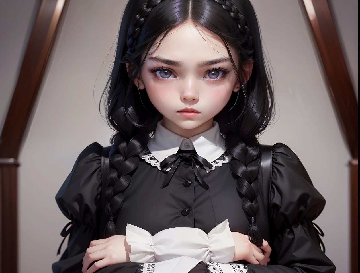 Beautiful girl with black hair in two braids、Bad eyes、enticing lips、Black uniform、Wednesday Addams、Many whites of the eyes、