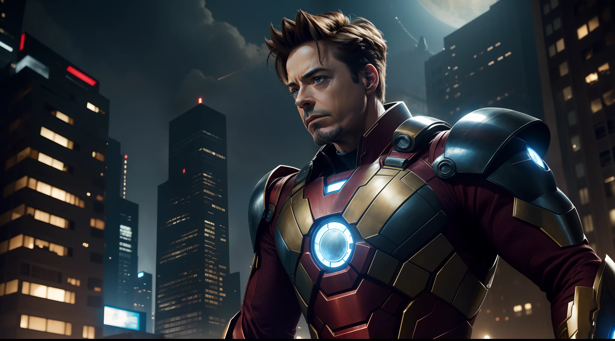 "Robert Downey Jr. wearing Mark 85 suit, gripping Strombreaker menacingly, hyper-realistic skin tone, dramatic lighting, meticulously detailed hair, devastated cityscape of planet Titan, piercing and lifelike eyes."