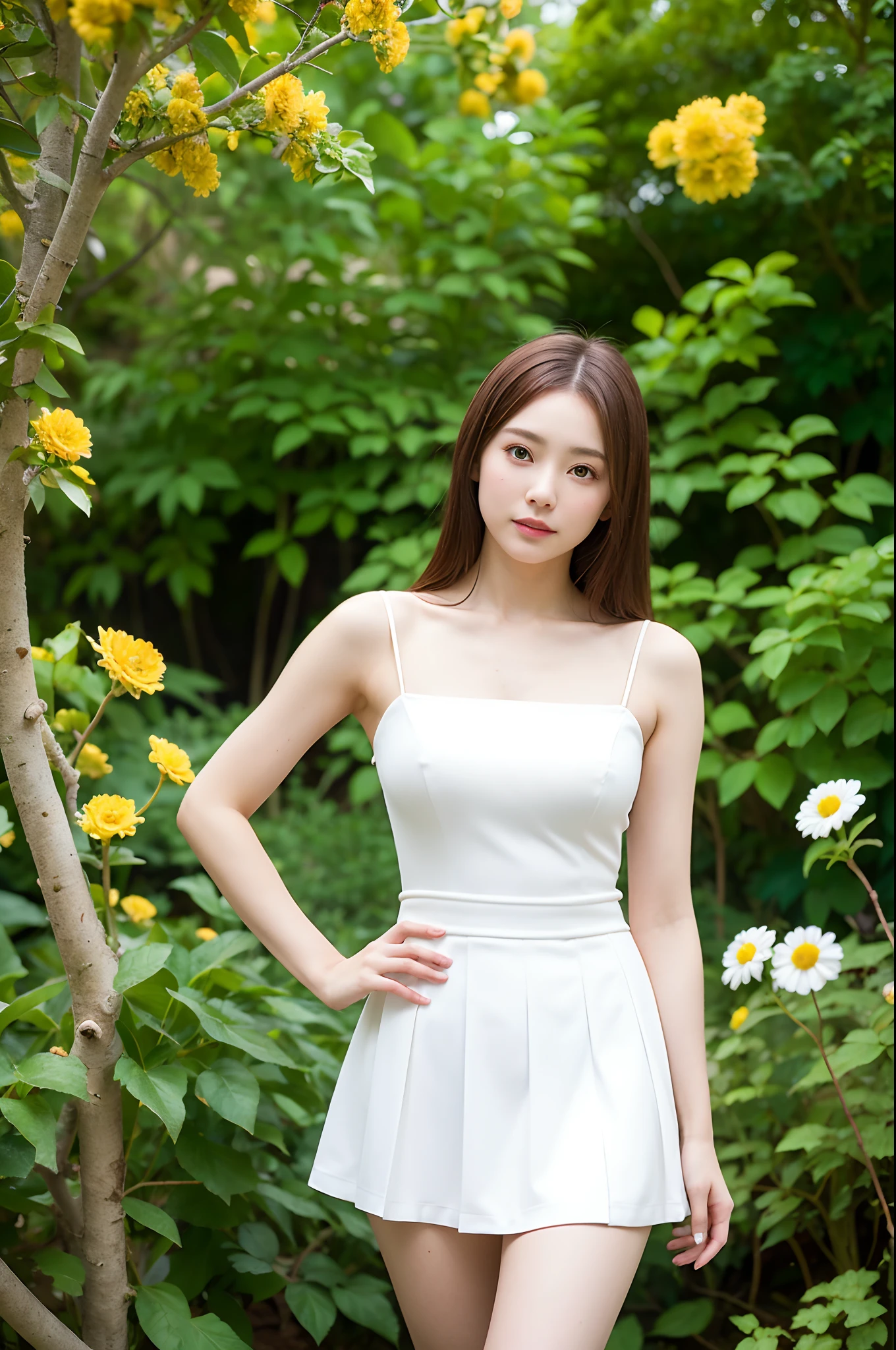 (Best Quality, Masterpiece: 1.2), Portrait, Breasts, Outdoor, 25-Year-Old Woman in the Garden: 2, White Miniskirt, (Pale Yellow Flower Confusion in the Background: 1.3) Same character, different costume, different angle, backlight: 1.5, rich skin detail: 1.5,