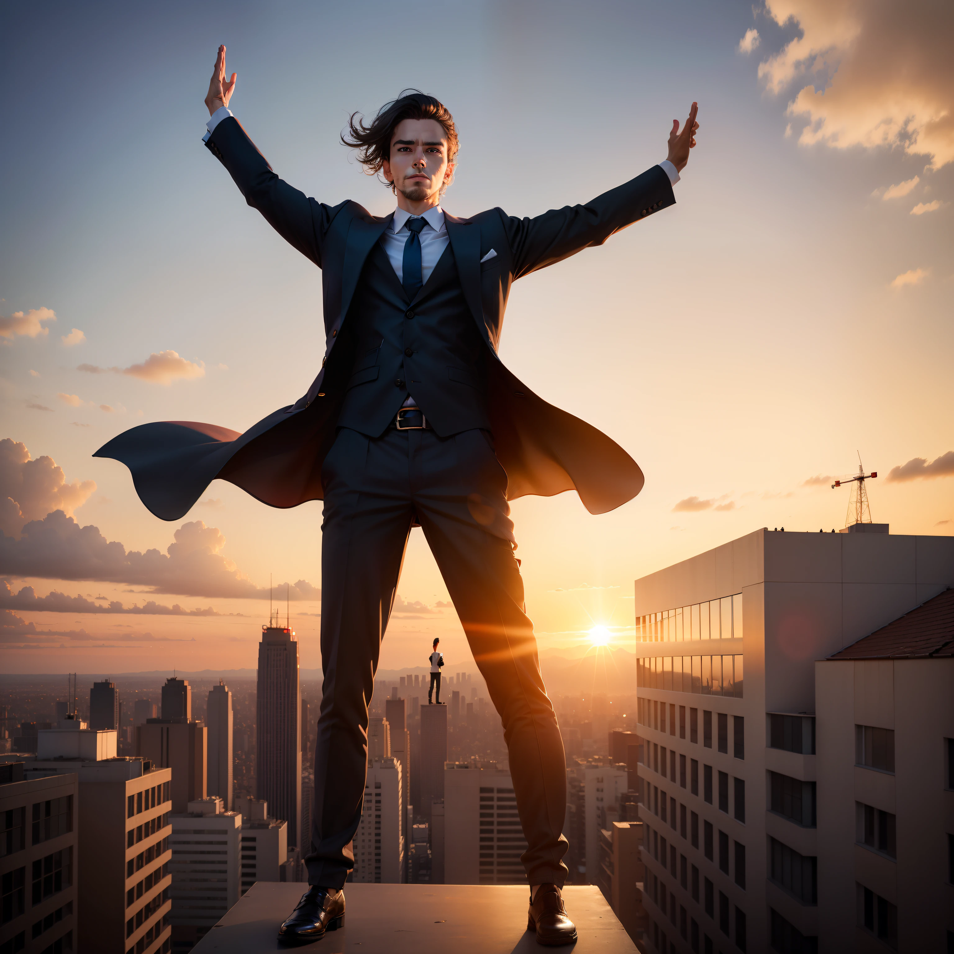 Man dressed in suit standing on the roof of a building with his arms raised in the air, victorious in a tall building, louvando o sol, standing triumphant and proud, with sunset, his arms spread , com pano de fundo de raios de sol, with arms up, sun behind him, Durante a Hora Dourada, during sunset, at a beautiful sunset