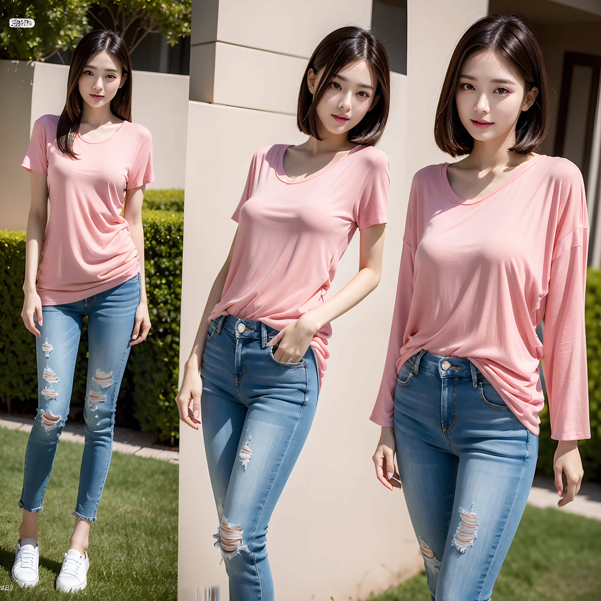1 beautiful woman taking pictures on the grass of the villa，RAW photos，tmasterpiece，（highdetailskin：1.2），8k ultra high definition，digital SLR camera，gentlesoftlighting，high high quality，filmgrain，富士XT3，20 years old Asian woman，Wear simple clothes，T-shirt and skinny jeans，Detailed clothing details:1.3，perfect body figure，Perfect breasts and nipple bulge，The legs are straight and slender，Branded stylish shoes:0.6，Super detailed facial details and skin，Fair pink face and skin，The skin is pink，with light glowing，二重まぶた，Super detailed eyes，(Gloss on lips, eyeslashes, Glossy face, Best quality, Super high resolution, warm color，Wide lighting, naturalshadow), Sexy, Full body shooting: 1.8