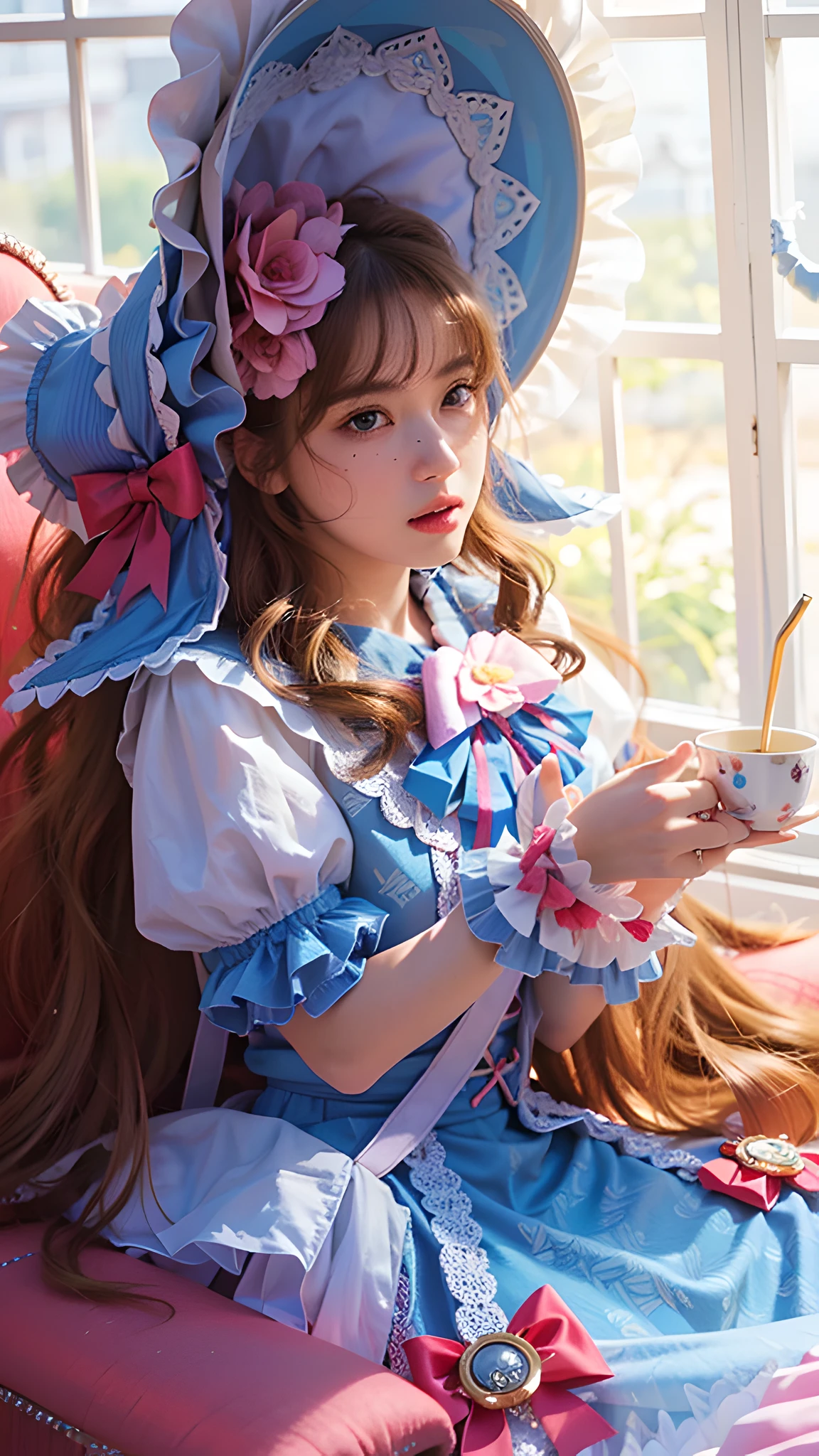 (photorealistic:1.4), best quality, masterpiece, ultra high res, 1girl, (detailed face:1.2), (detailed eyes:1.2), (detailed hair:1.2), (detailed clothes:1.2), 4k, (detailed color:1.2), (holding a cup:1.2)