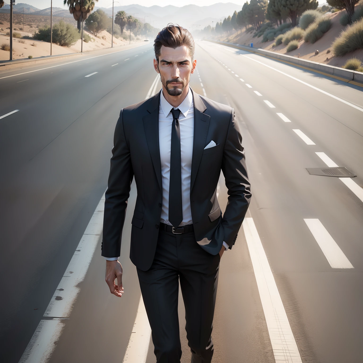 A tall, realistic man walking on a California highway.