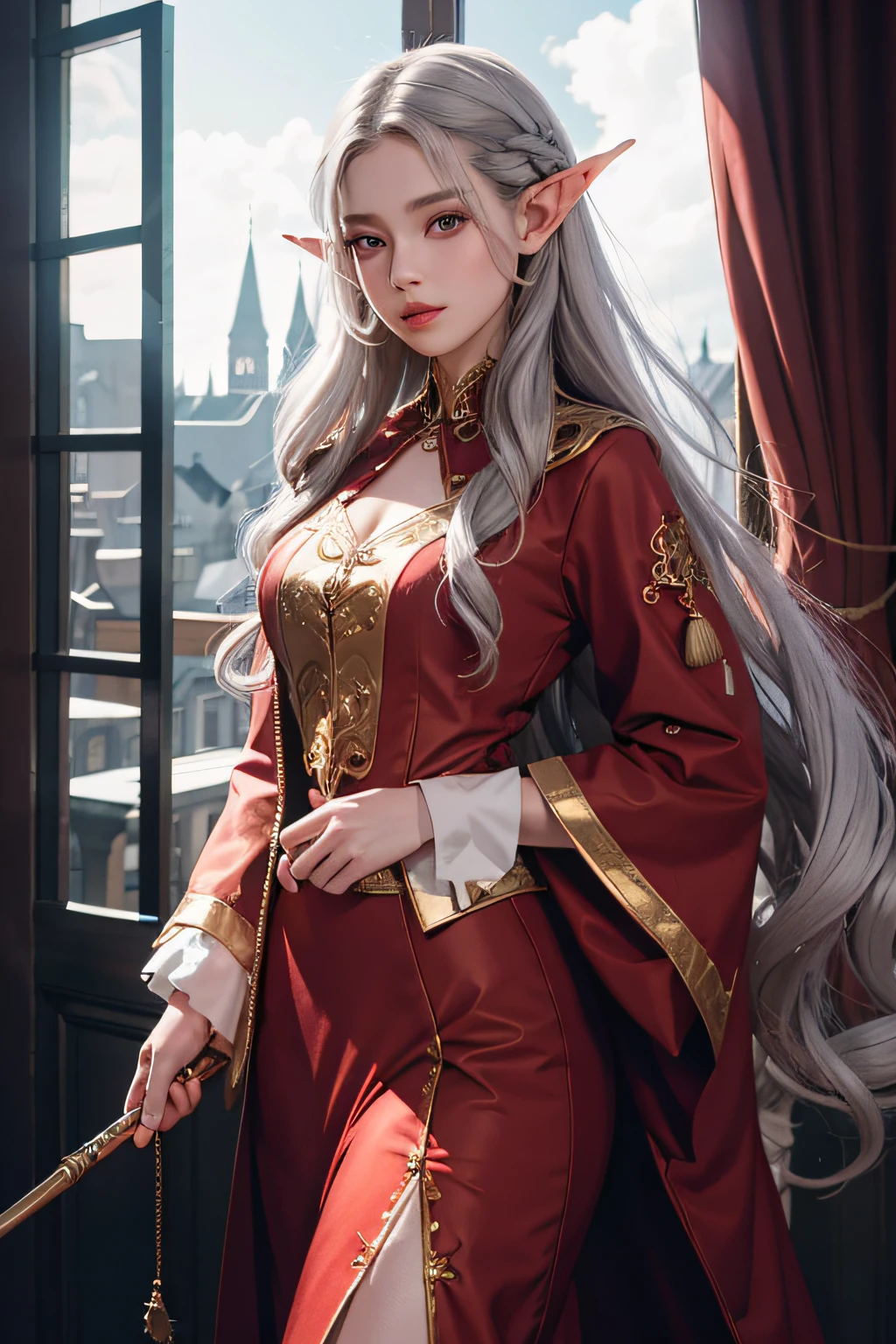 (tmasterpiece),(high qulity),best qualtiy,Realiy,(realisticlying),ultra-detailliert,(detail-rich),There are levels,Contre-Jour,spells,long whitr hair,the elf,Gray hair,red long skirt,delicated face,lips in red,holding wands,Light