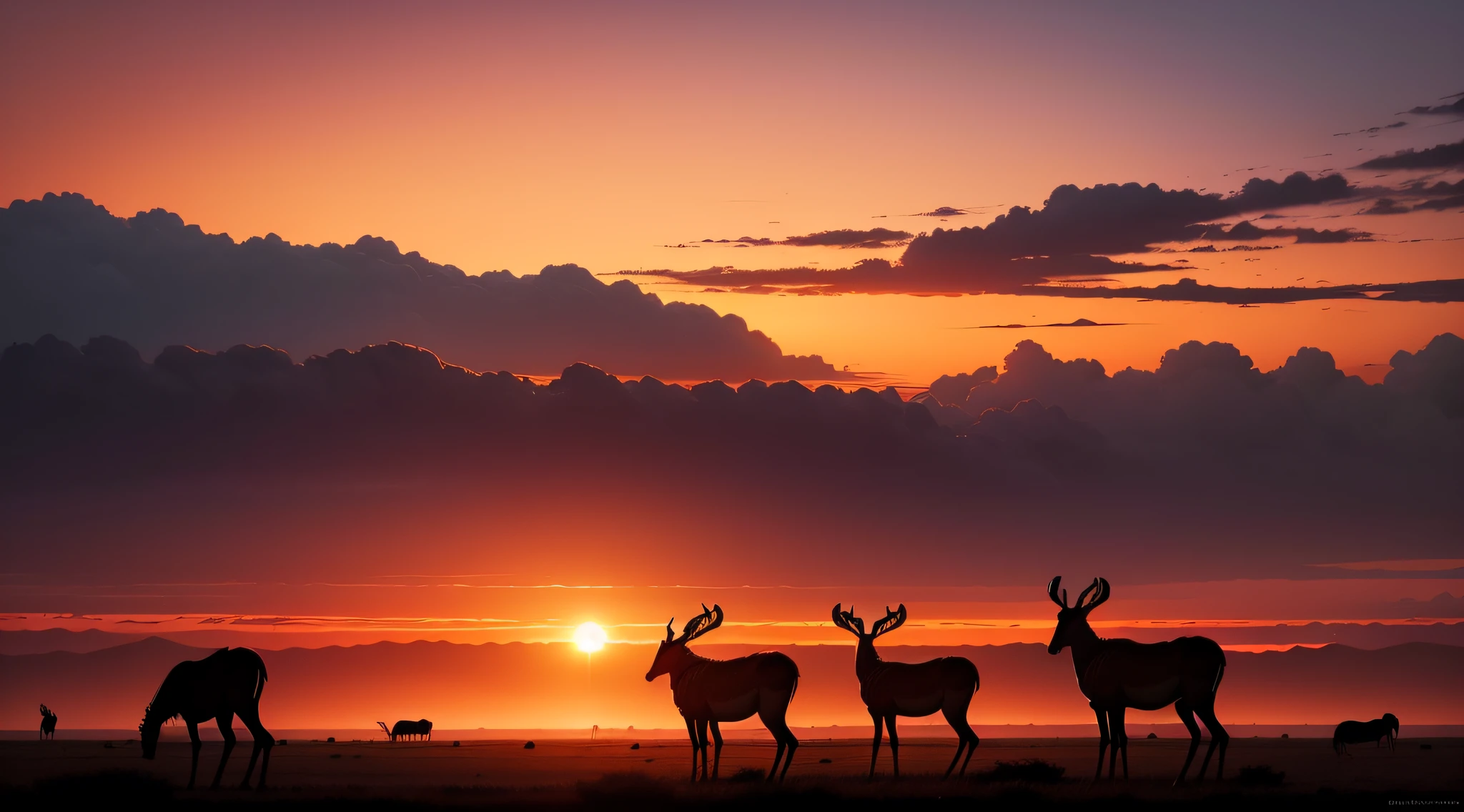 A serene sunset over the Serengeti, highlighting a group of antelopes silhouetted against the colorful sky.