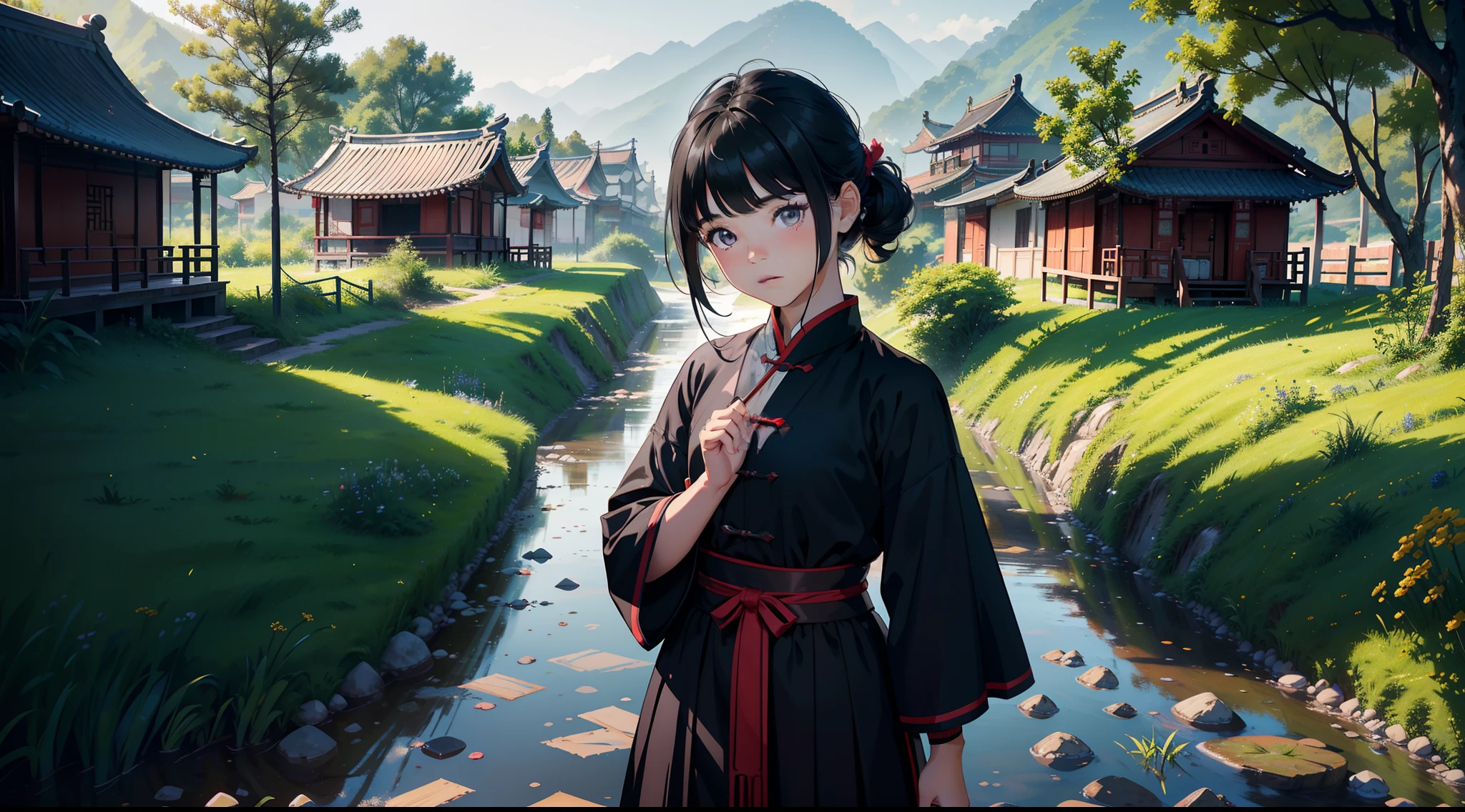 ((tmasterpiece,best qualtiy)),illustratio,Ultra-detailed 8K,Photorealsitic,Clear focus,A highly detailed,Professional lighting,Colorful detailed,(Rural China,In the yard,a 10 years old girl,Wear clothes full of patches,Black colored eyes,Short black hair),are standing。