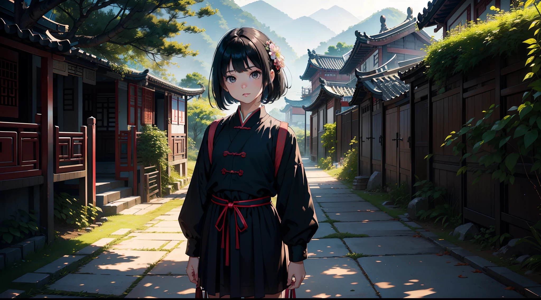((tmasterpiece,best qualtiy)),illustratio,Ultra-detailed 8K,Photorealsitic,Clear focus,A highly detailed,Professional lighting,Colorful detailed,(Rural China,In the yard,a 10 years old girl,Wear clothes full of patches,Black colored eyes,Short black hair),are standing。