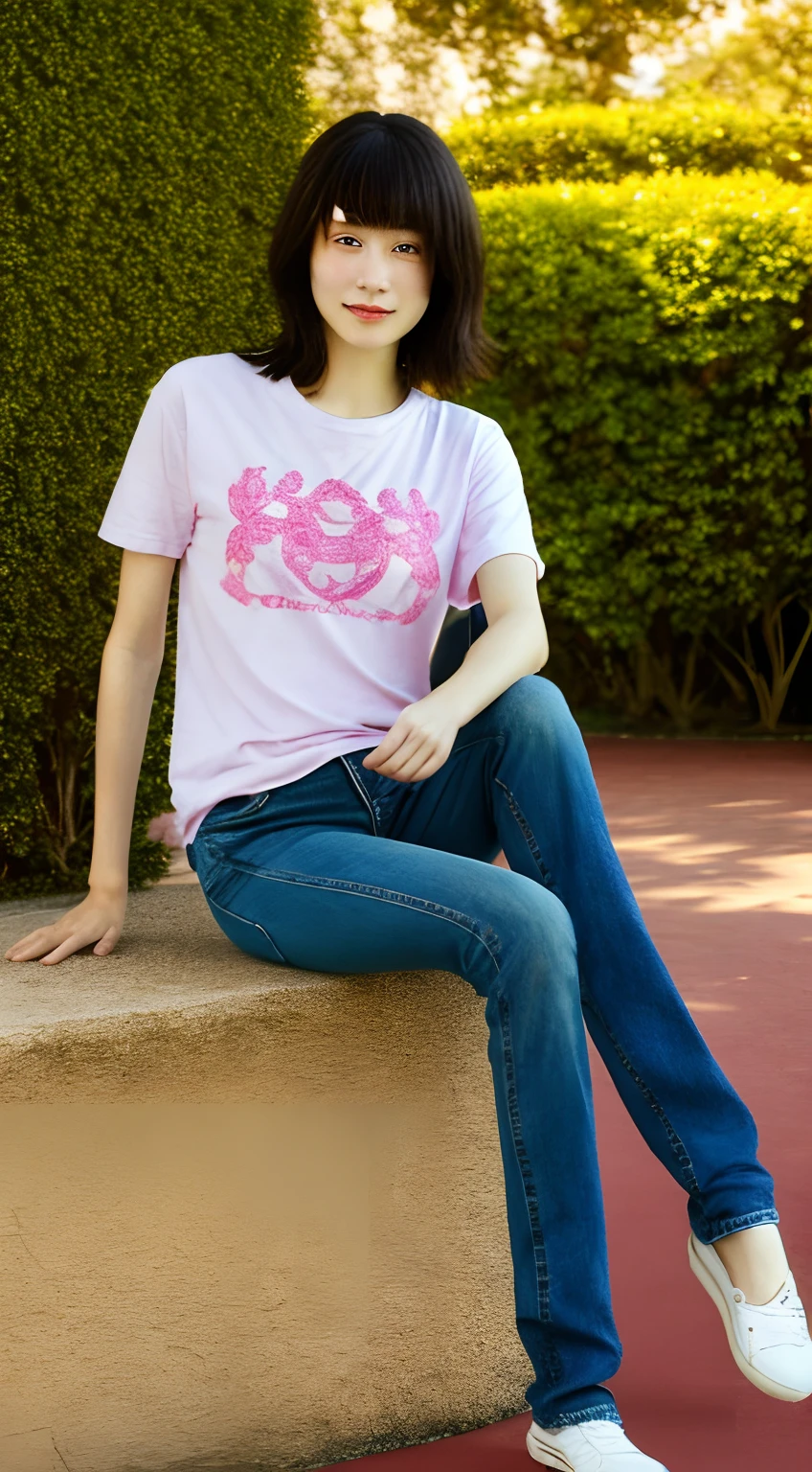 1 beautiful woman taking pictures on the grass of the villa,RAW photos,tmasterpiece,(highdetailskin:1.2),8k ultra high definition,digital SLR camera,gentlesoftlighting,high high quality,filmgrain,富士XT3,20 years old Asian woman,Wear simple clothes,T-shirt and skinny jeans,Detailed clothing details:1.3,perfect body figure,Perfect breasts and nipple bulge,The legs are straight and slender,Branded stylish shoes:0.6,Super detailed facial details and skin,Fair pink face and skin,The skin is pink,with light glowing,二重まぶた,Super detailed eyes,(Gloss on lips, eyeslashes, Glossy face, Best quality, Super high resolution, warm color,Wide lighting, naturalshadow), Sexy, Full body shooting: 1.8
