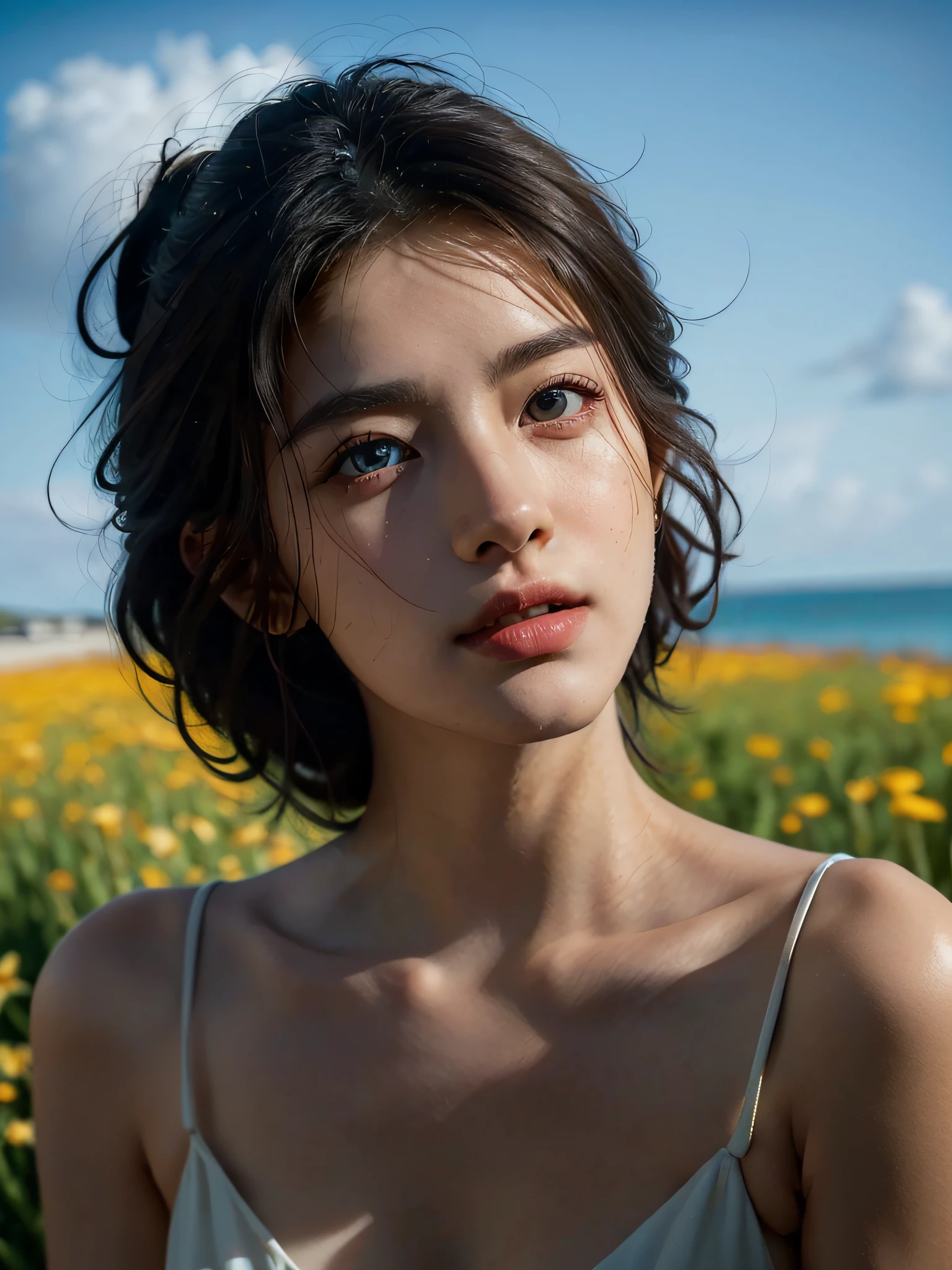 ((Pure Beauty:0.8+Ultra-realistic realism:1.2),Caucasian flesh:1.2,Bright eyes:1.1),Light contrast and hue:1.1,High Surface:1.1,Image quality:ultra hd:1.3,Upper part of the body,high nose bridge,dynamic angle,Clouds and sea,Field of flowers in the foreground,Light Tracking,lifelike,Informal art,Unity 8k壁纸,Ultra - Details,beautiful and beautiful,master-piece,beste-Qualit,gleaming skin,Cinmatic lighting。