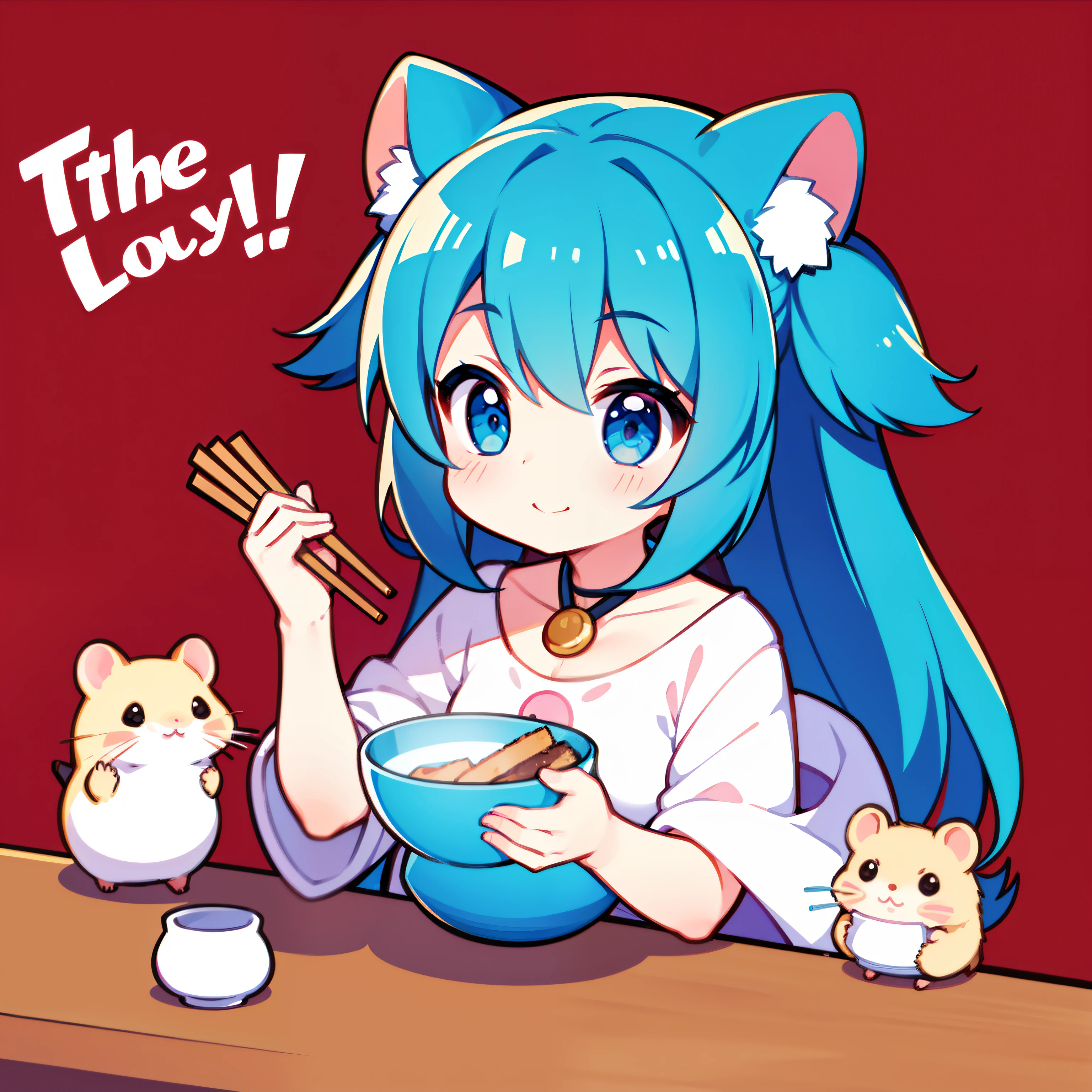 The cute lady hamster holds a bowl and chopsticks