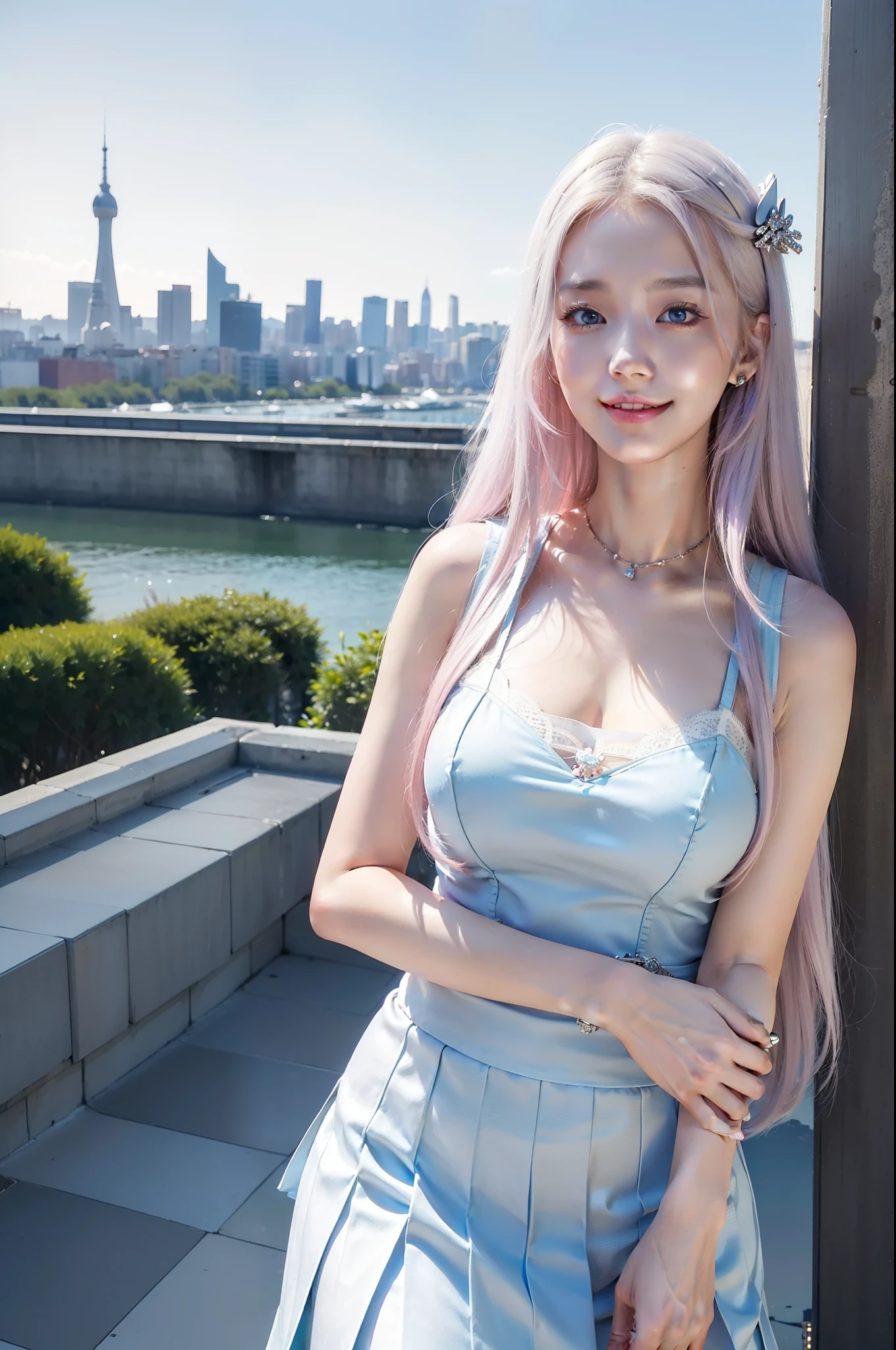 official art, masterpiece, sharp focus, (beautiful gorgeous cute Korean woman:1.3), (beautiful cute korean:1.3), korean beauty, Delicate and beautiful hair and eyes and face, realistic, ultra detailed, beautiful girl, blue sky, glow white particle, (sidelighting:1.2), sun light, white cloud, detailed clouds, slender, Lovely very large breasts and very large hips, smile with teeth, ((smile with eyes, open both eyes)), scenery, long straight hair, sexy facial expression, building, (cityscape:1.7), dynamic hair, long straight hair, detailed platinum pink hair, glow blue eyes, (blue pleated shirts + white skirt), white long socks, pale skin, hair ornament, epic scenery,