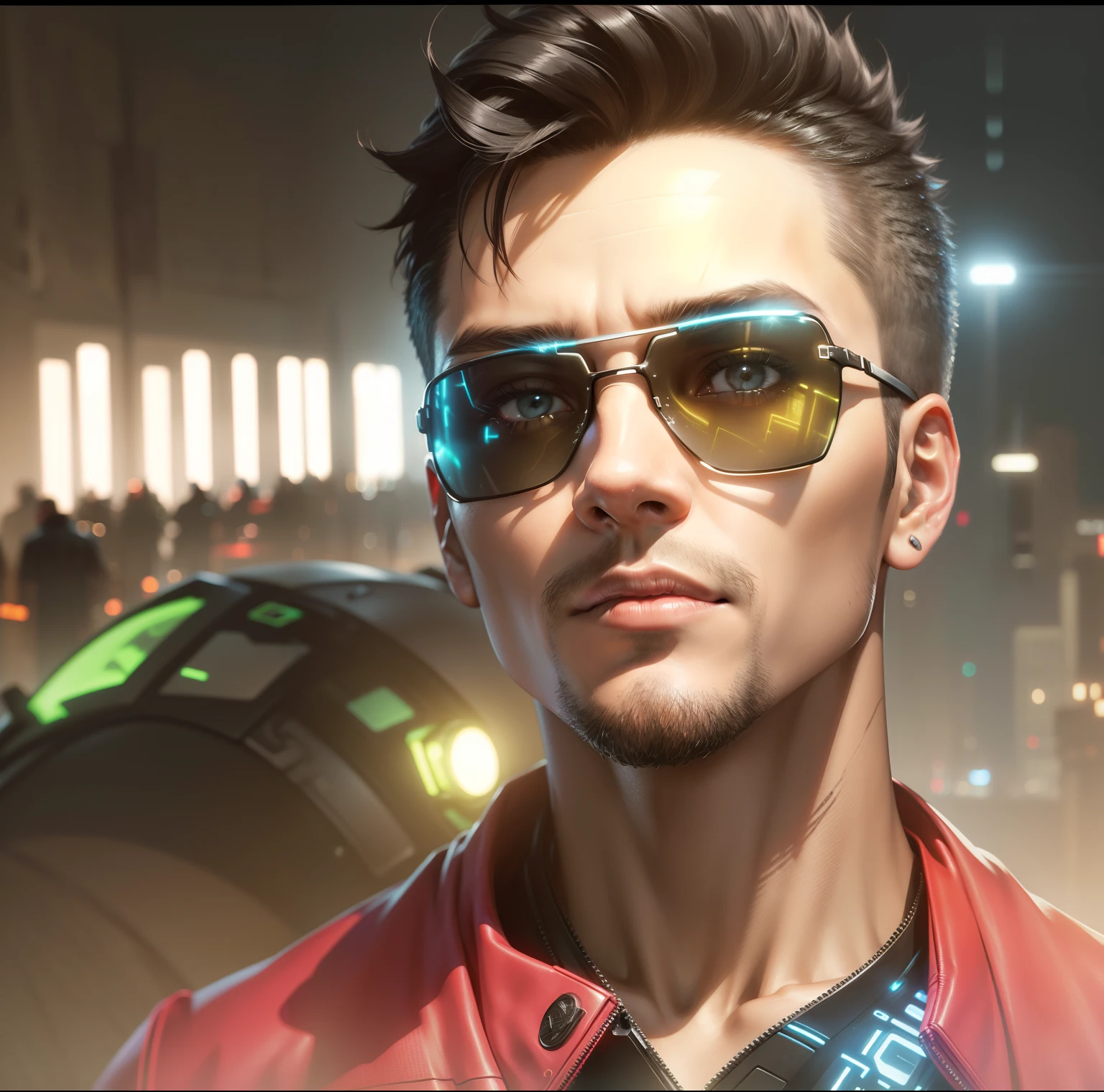 Create man cyberpunk style, futuristic background, short hair, futuristic clothes, (best quality), ((1:1 resolution), (face centered in the center of the image), avatar photo only, (head + shoulders), 8k resolution, realistic photo, neon lights, (technology elements), (film grain).