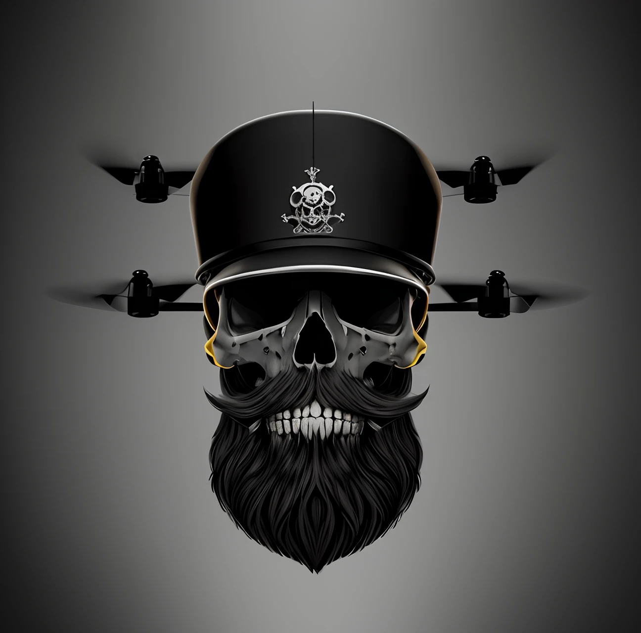 Arafed skull wearing a hat and glasses with beard, bearded skull, O Rei dos Drones, PunkDrone, drone mortal, skull design for a rock band, calota craniana, barba preta, minimal black skull warpaint, vetor behance hd jesper ejsing, hd illustration, airbrush render, with a crown of skulls, capacete de caveira, skull