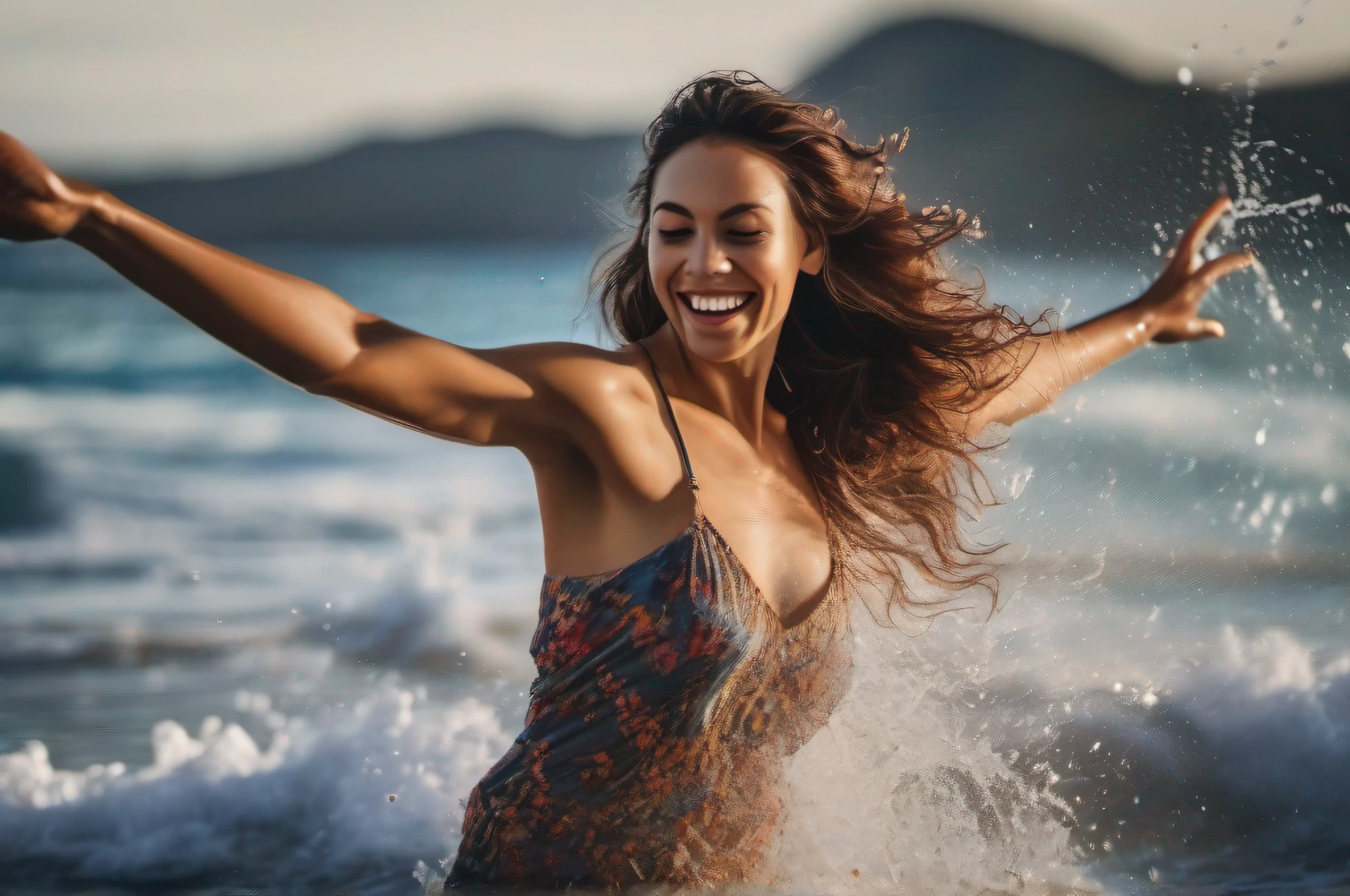 «An ultra-detailed photograph of a woman dancing joyfully in the ocean waves, arms outstretched, body in motion. Crystal clear water splashing around her. Shot on location using natural light with a Canon EOS R5 camera and 100-400mm telephoto lens for sharp focus and artistic motion blur. Vivid, hyper-realistic image quality and colors. 3:2 aspect ratio, 750px size.»