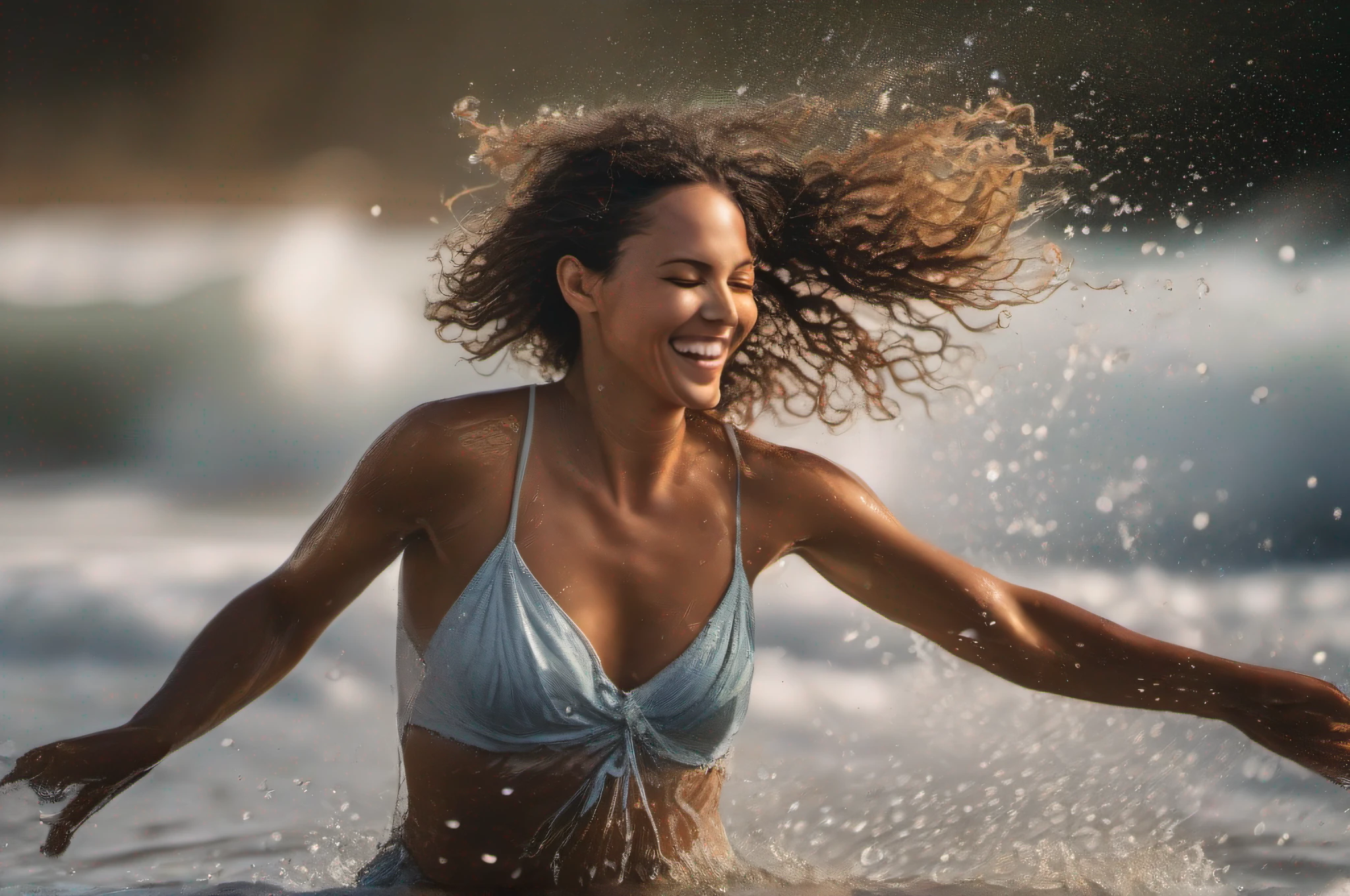 «An ultra-detailed photograph of a woman dancing joyfully in the ocean waves, arms outstretched, body in motion. Crystal clear water splashing around her. Shot on location using natural light with a Canon EOS R5 camera and 100-400mm telephoto lens for sharp focus and artistic motion blur. Vivid, hyper-realistic image quality and colors. 3:2 aspect ratio, 750px size.»