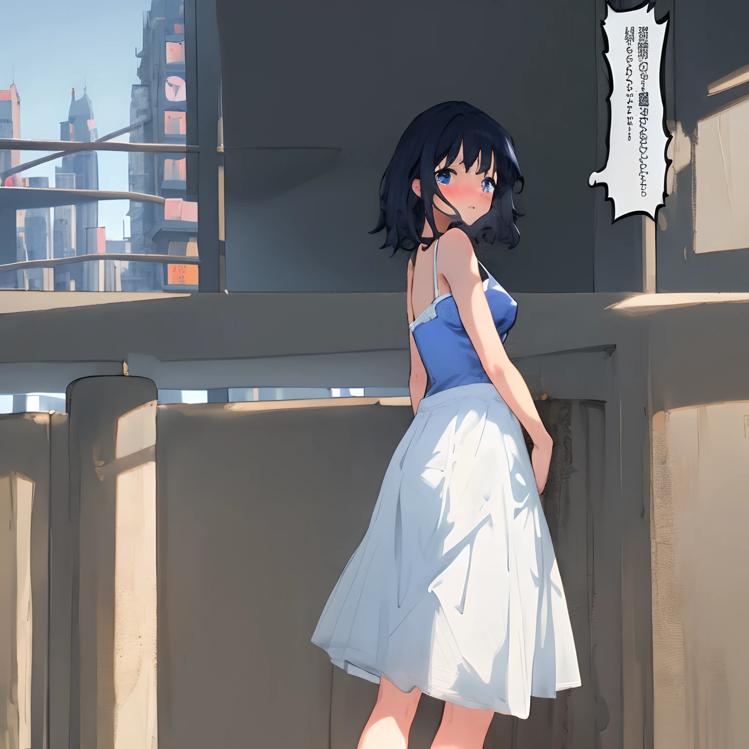 (masterpiece, best quality), 1girl, revealing her underwear, blushed, short black hair, blue eyes, wearing blue bra, white skirt, blue patterned underwear, thin tights, city, absurdres, high res, ultrasharp, 8K, masterpiece, looking at viewer