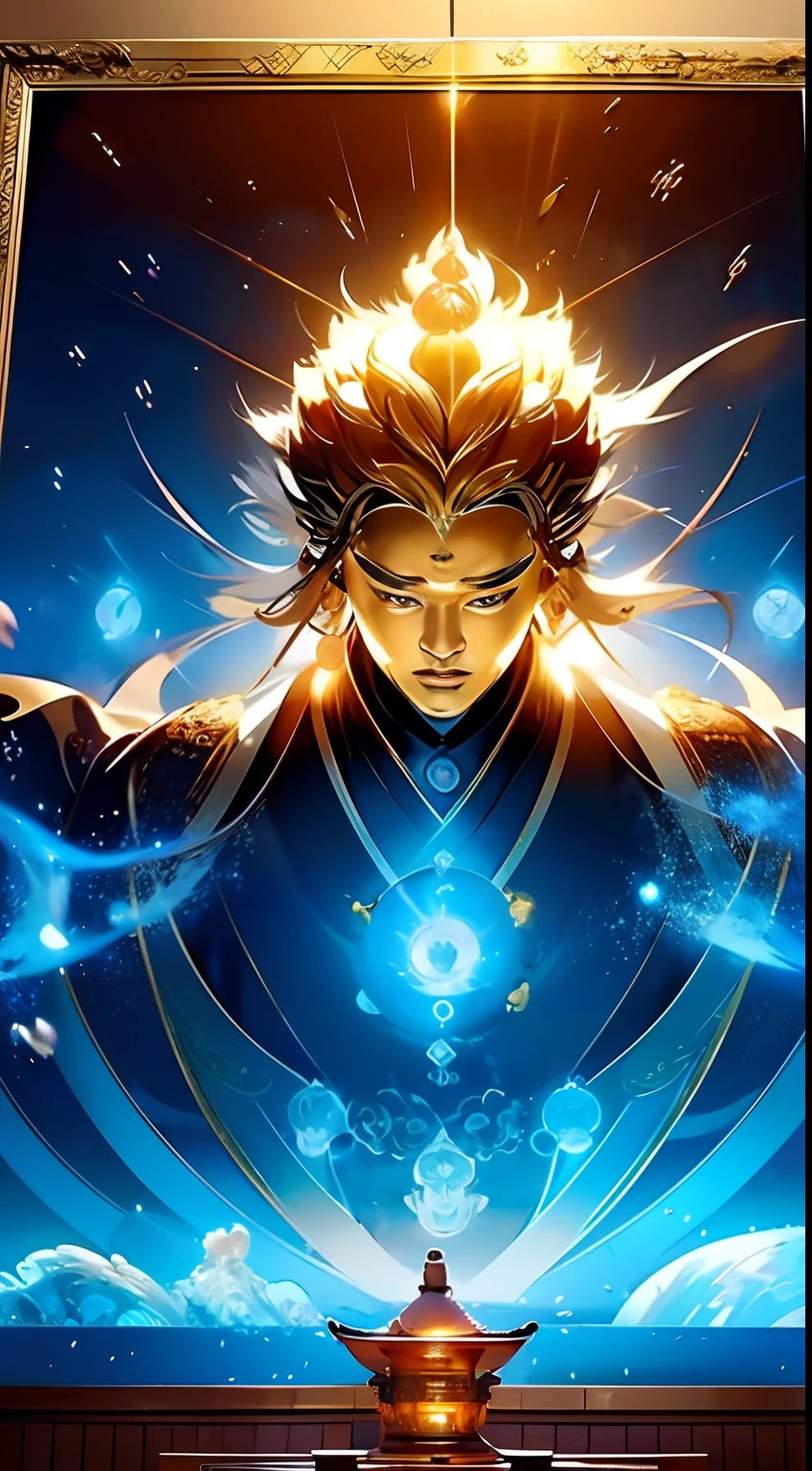 2 people,Immortal Warlock,A handsome Taoist priest stood in front of the Taoist mage,radiating golden light,Handsome Taoist priest,(levitating),(the space),(In front of the huge golden light old Taoist priest stood a handsome Taoist priest:1.4),golden colored,Huge face of a Chinese golden Taoist priest in the background,(((In the background is a huge golden bust,A Taoist priest floating in the sky:1.5))), Infinite Sword System,Tyndall effect,Glow effects,Anime art style,Romantic graffiti,Meticulous,Realism is popular, New Fauvist style,Knolling,8K,tmasterpiece,super-fine,best qualtiy,8K resolution,tmasterpiece,Works of masters,Detailed pubic hair,Accurate,Epic fantasy art,offcial art,Extremely detailed,tmasterpiece,Best quality at best,(Very detailed pubic hair CG unified 8k wallpaper),(Best quality at best),(The best illustrations),(The best shadow),Very detailed pictures,entire character,photorealisti,ultra-realistic realism,Symmetrical fantasy digital art style,Symmetrical fantasy digital art style,Epic fantasy digital art style,Above the young Taoist priest,((There is a huge portrait of a translucent golden light Taoist priest:1.5)),long and flowing hair,(8K, primitive, professinal, best qualtiy, tmasterpiece:1.2), (realisticlying,realisticlying:1.37), Hyper-detailing, (Portrait), (highest detailed skin:1.2), (Face in the highest detail:1.2), cinmatic lighting,16 yaers old,very beautiful fantasy art, fantasy style art, Fantasy art style, digital fantasy art ), art-style,The boy wears Hanfu painted with Taoist elements,The boy holds a wand,It is decorated with unique carvings and precious stones, Represents the power and magic of the mage,The wand has a magical aura,The light from the back window is backlighted,Facing away,Light wind,sportrait,fine art,Oriental Palace,The ancient Forbidden City,The majestic Great Wall,Magical oriental Taoist elements,Bagua patterns with magical powers,The ancient totem of the Taiji Yin Yang fish,((Taoist Taiji Yin Yang Bagua Diagram;1.2)),((Mag
