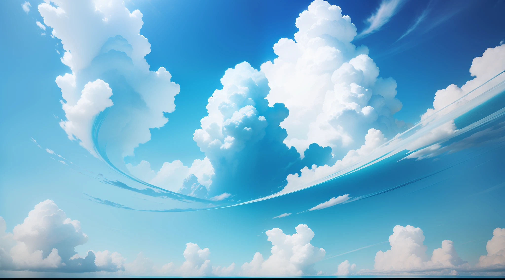 ((1Photo))、best qualtiy、masterpiece、(Photorealsitic:1.4)、Generate refreshing blue sky photos。The blue sky is pale blue and bright、The wind is light and blowing from right to left。Clouds are fluffy, white and scarce、The sun is above the horizon、Small and round。